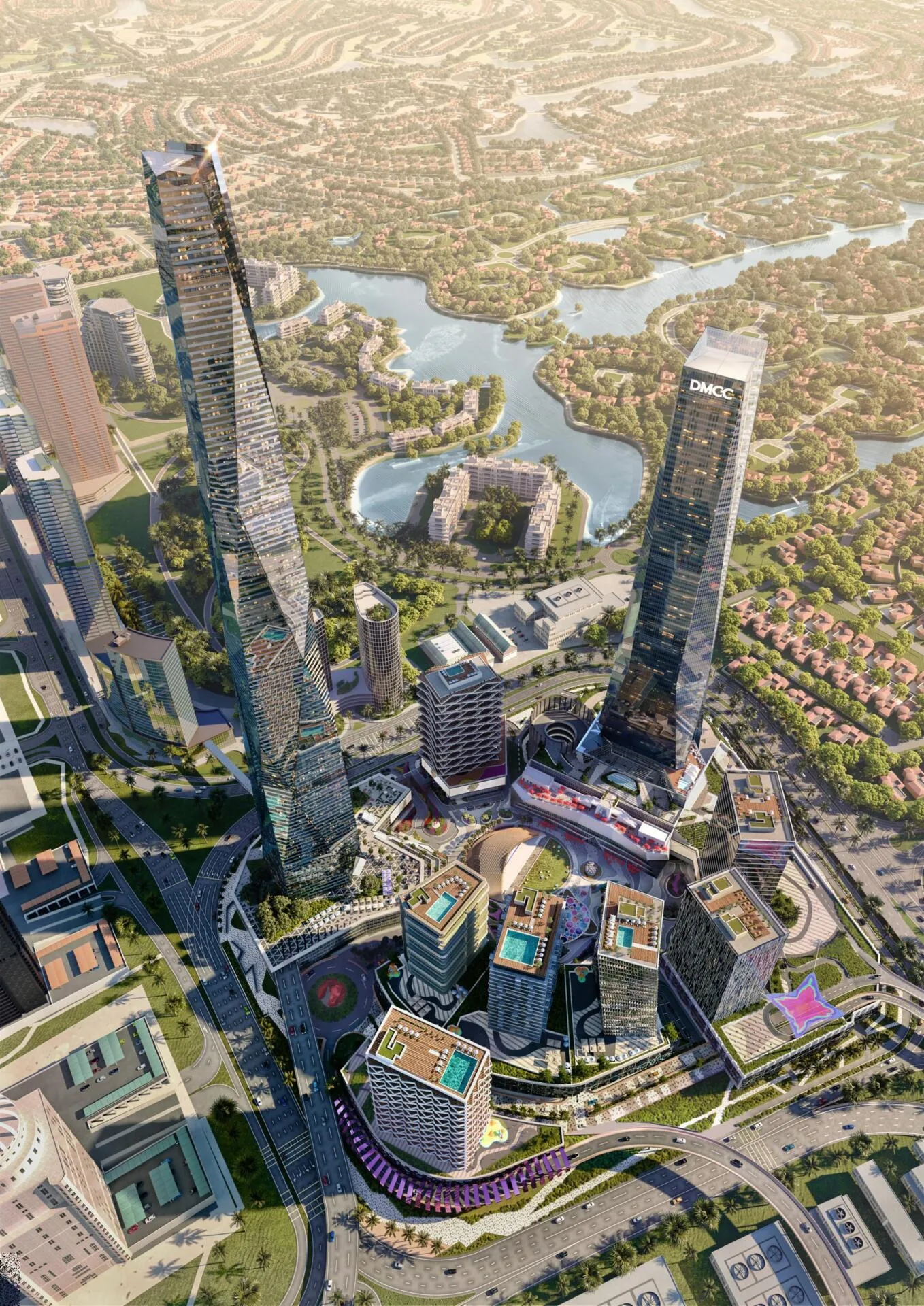 Квартал Uptown Dubai с высоты: башни над площадью