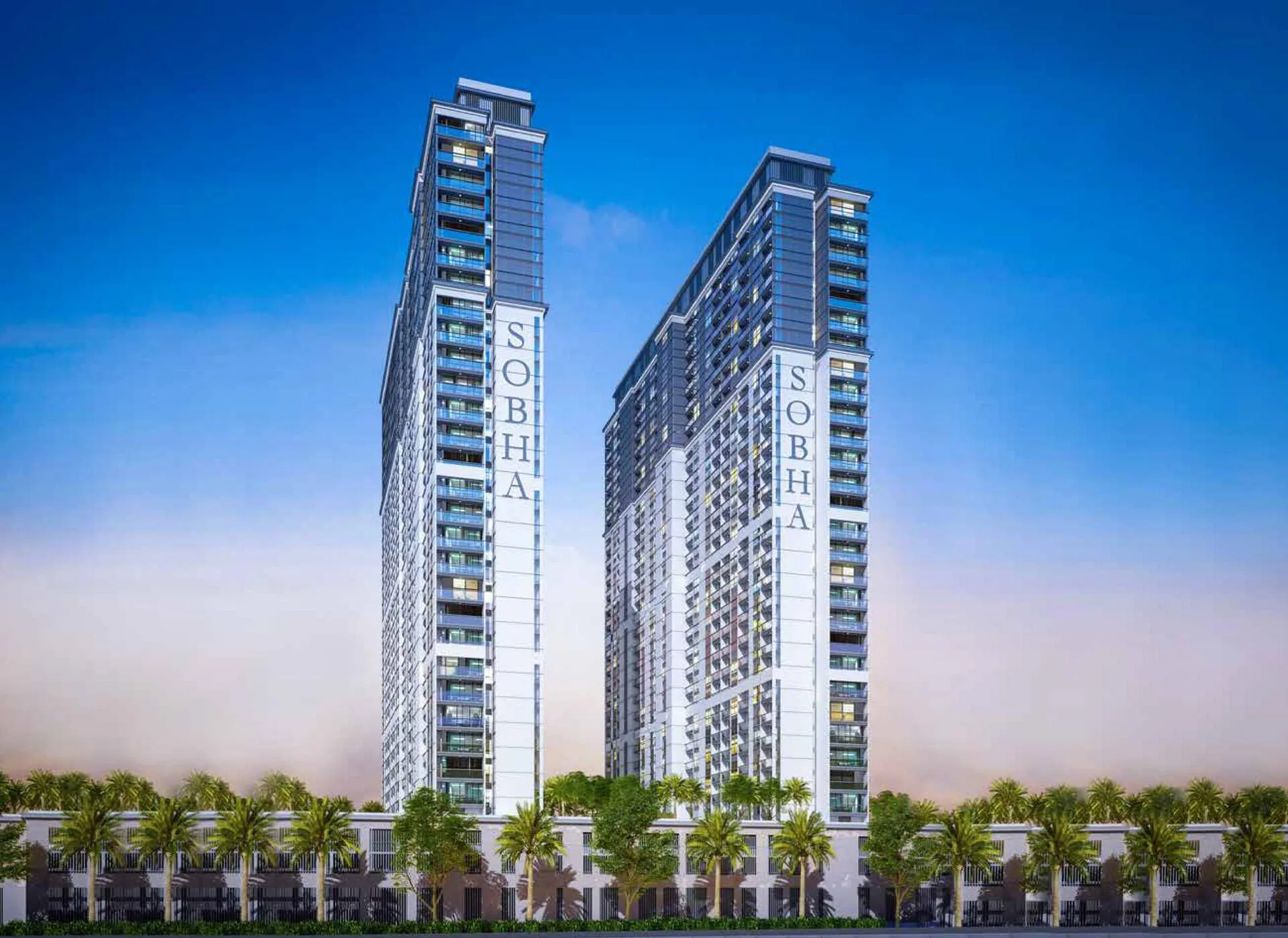 Две башни Sobha Creek Vistas над пальмами