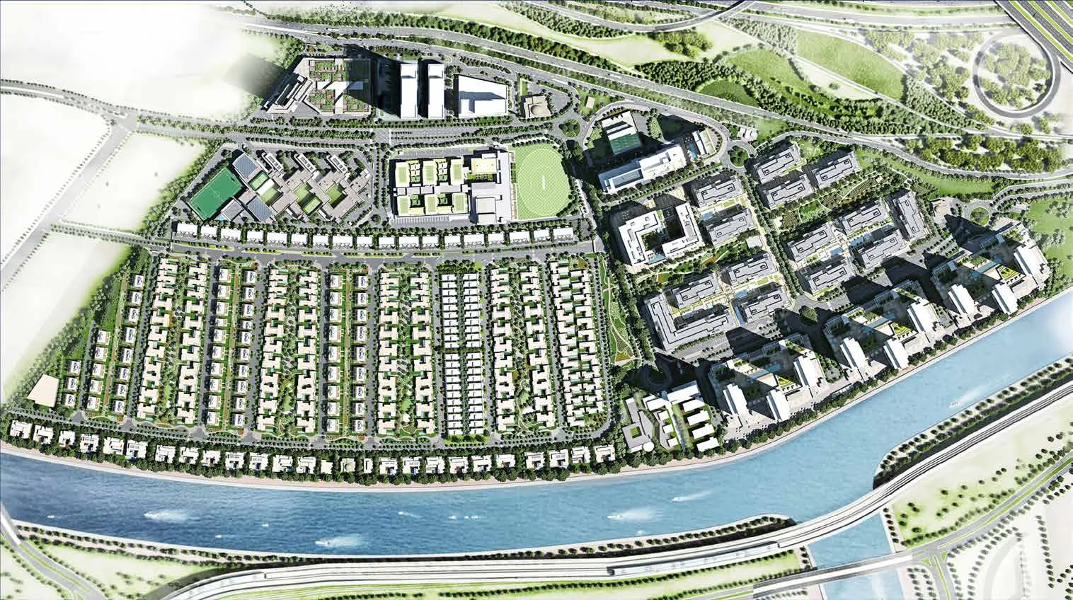 Генплан квартала Sobha Hartland: виллы, школы и башни вдоль канала