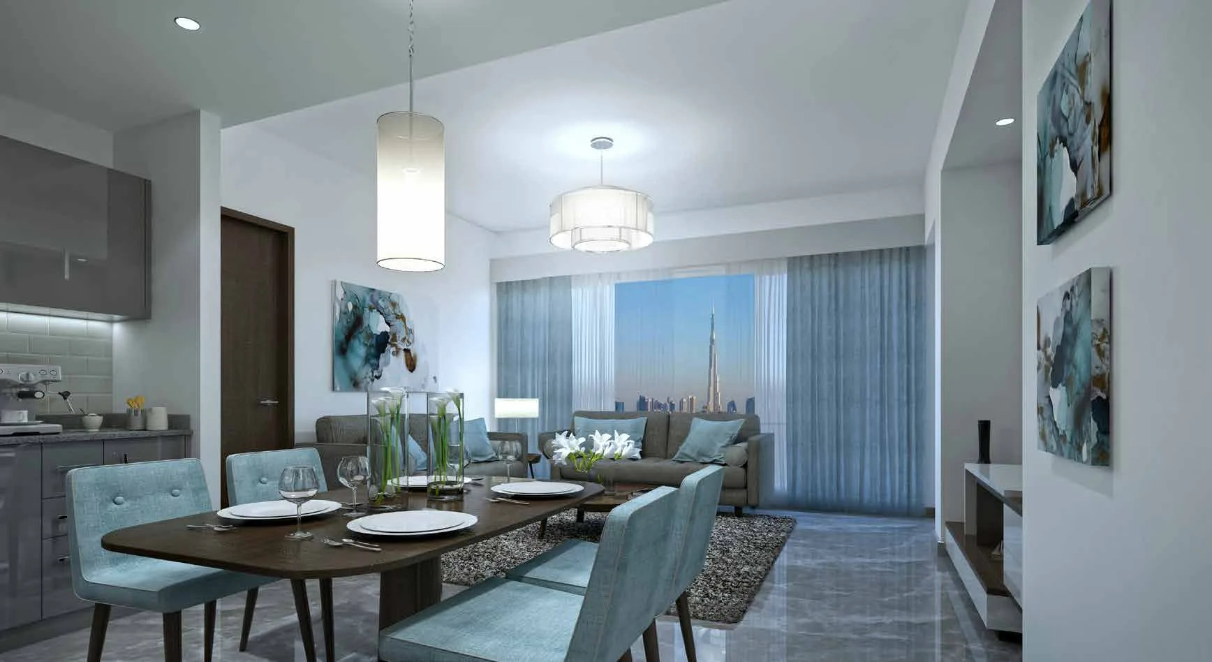 Гостиная со столовой в квартире Sobha Creek Vistas