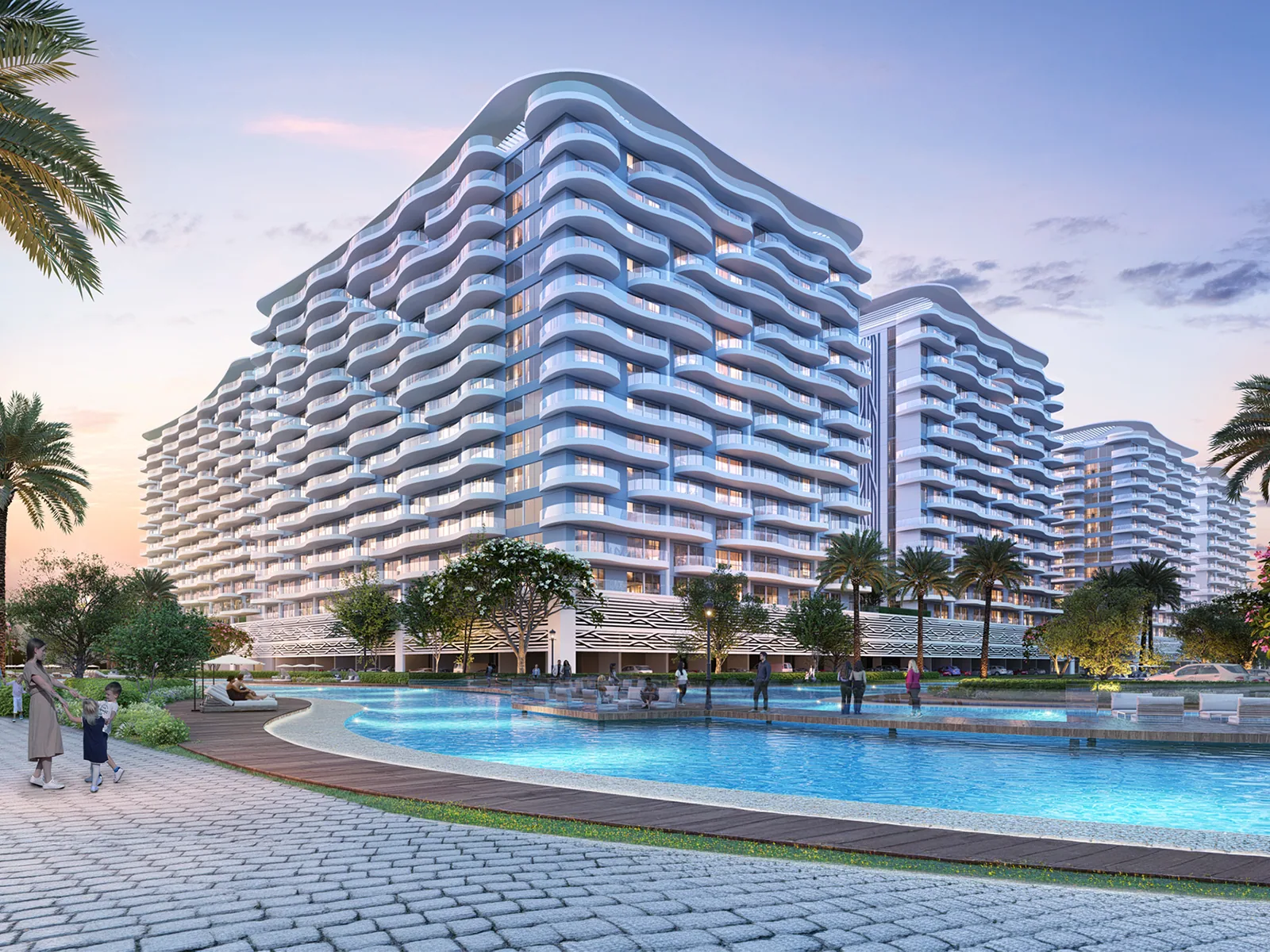 Визуализация: дом Sorrento Lagoon Views с волнистыми балконами у бассейна