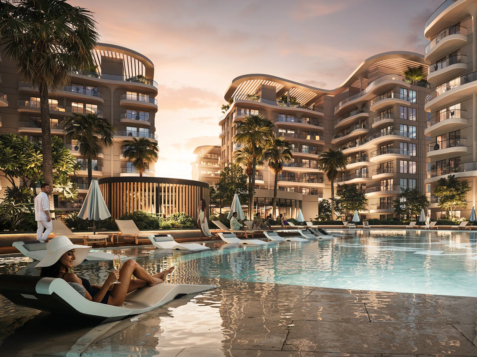 Визуализация: бассейн Sorrento Lagoon Views на закате с лежаками