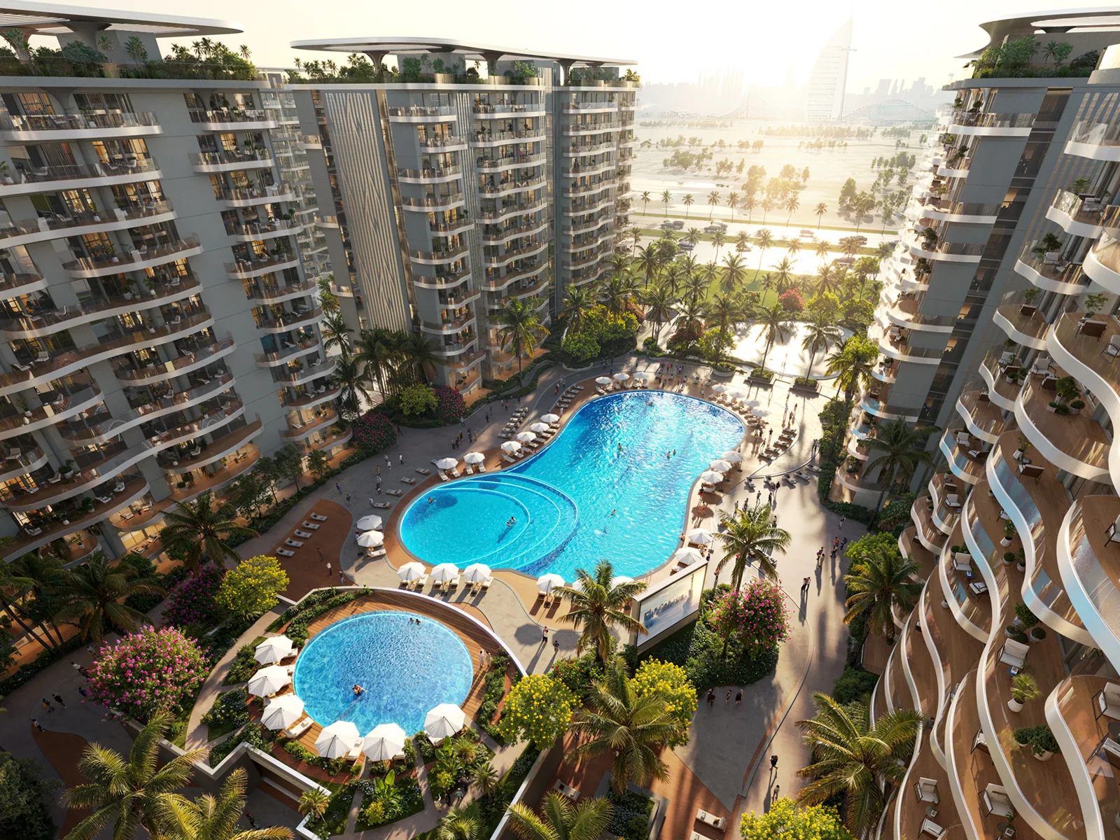 Визуализация: двор с бассейнами между корпусами Sorrento Lagoon Views сверху