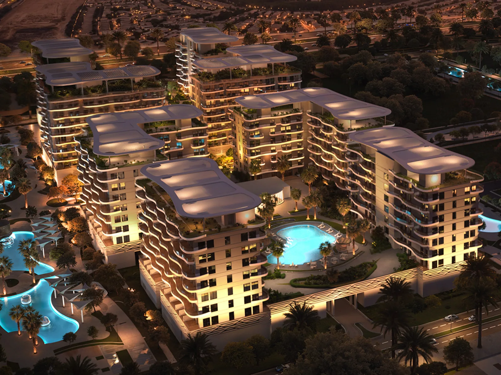 Визуализация: корпуса Sorrento Lagoon Views вечером сверху