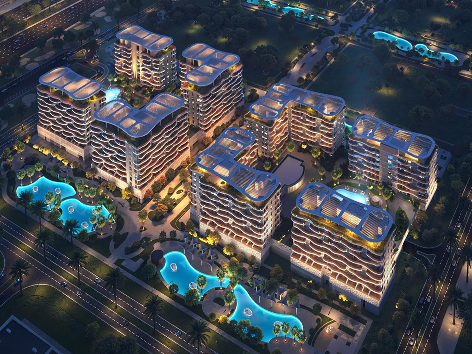 Визуализация: квартал Sorrento Lagoon Views ночью сверху