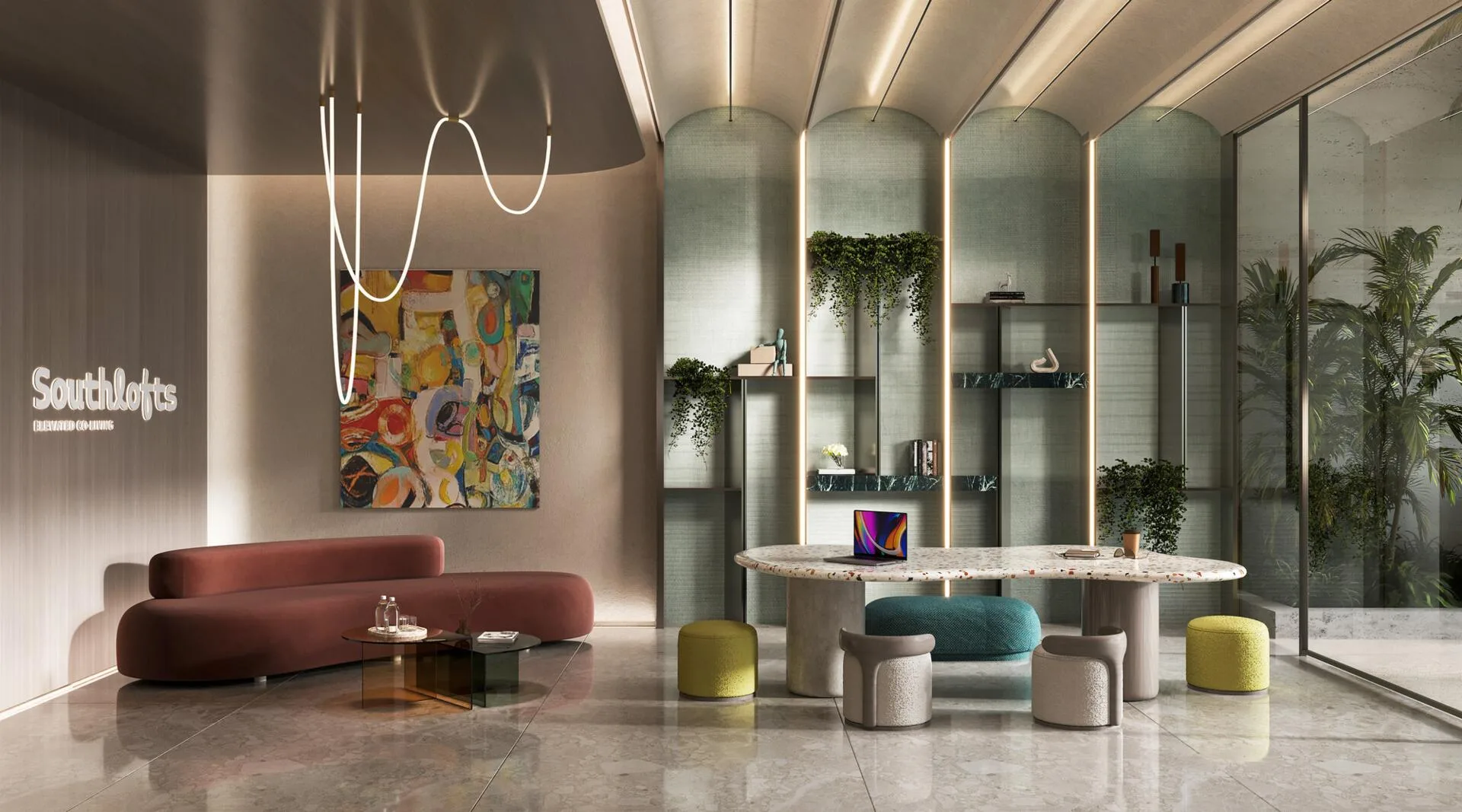 Зона отдыха в фойе South Lofts