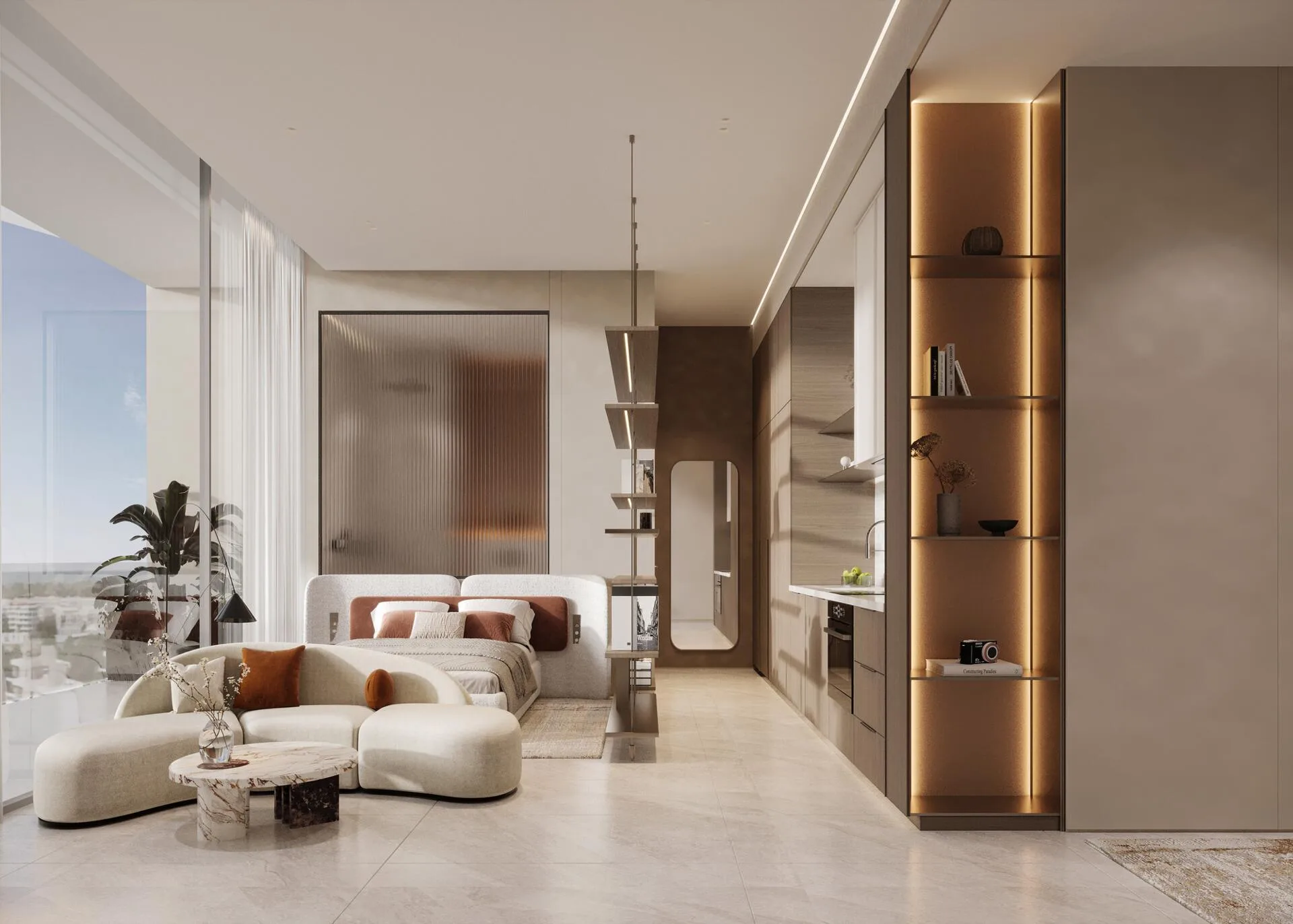 Гостиная в квартире South Lofts у панорамного окна
