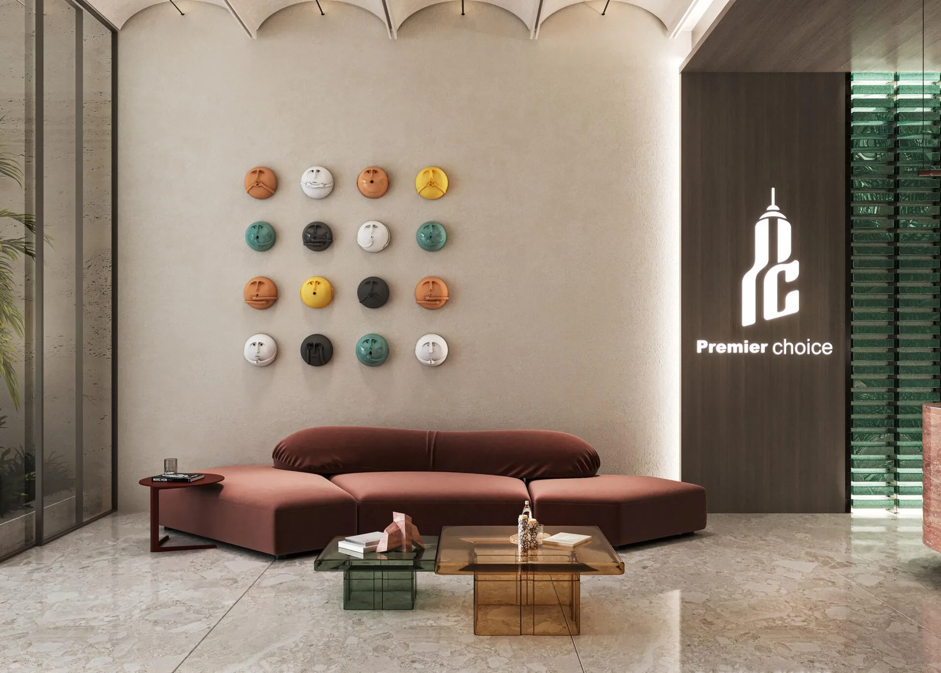 Фойе South Lofts: мягкие диваны и светлый камень