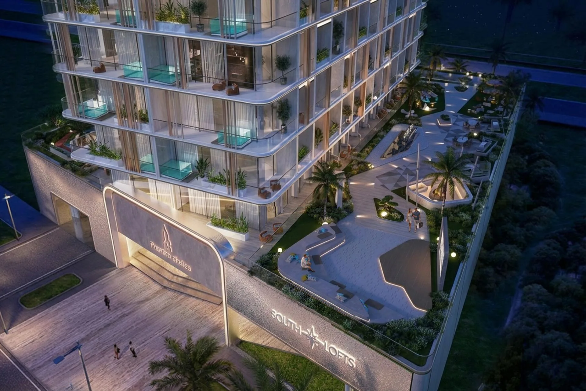 Двор на подиуме South Lofts вечером, вид сверху