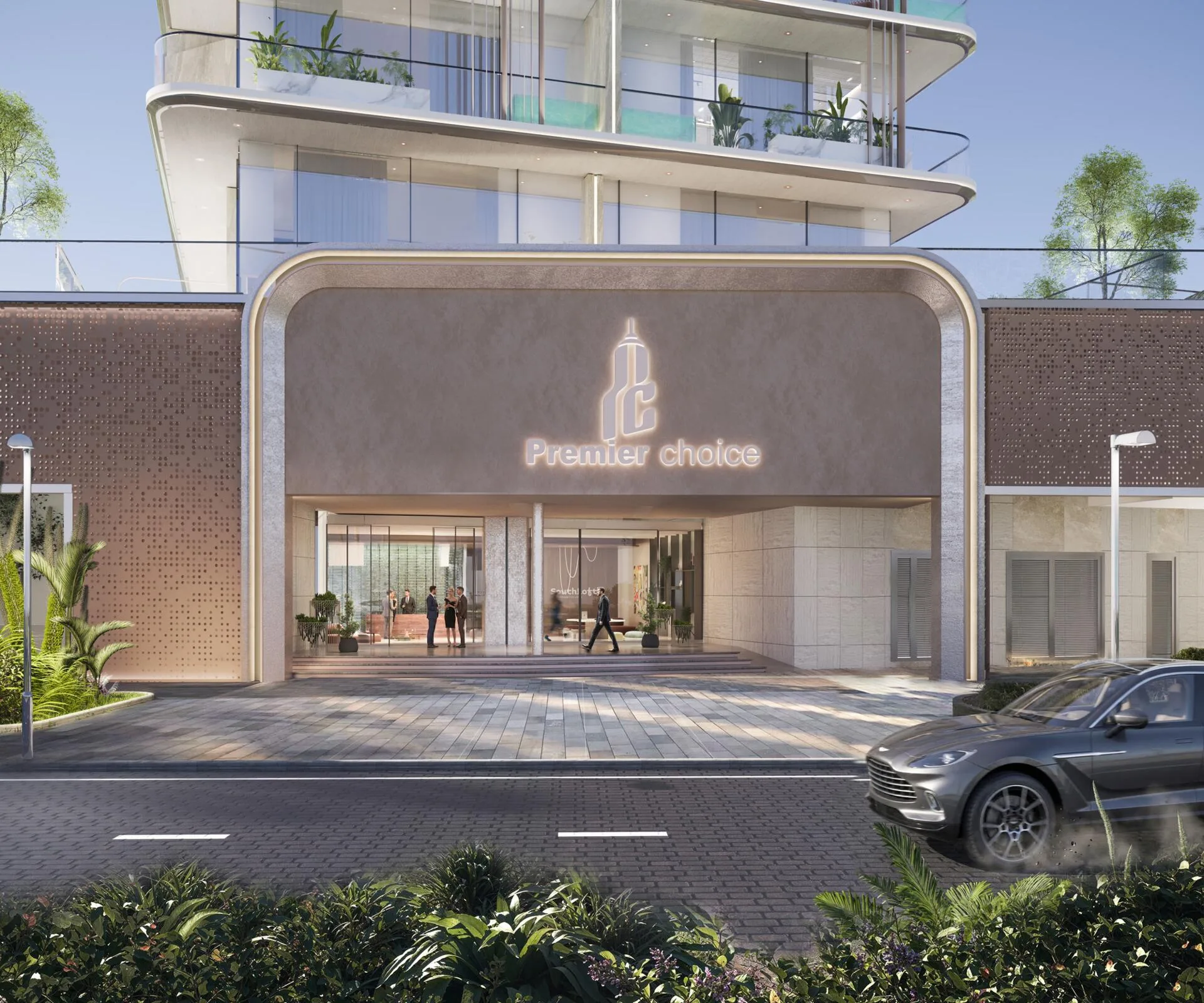 Вход в South Lofts с улицы: козырёк и подъезд к дому