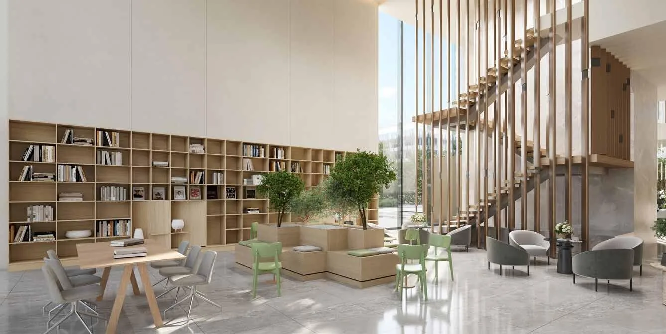 Общая зона South Square с книжными полками и местами для работы