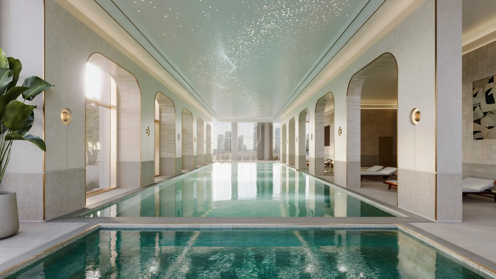 Визуализация: крытый бассейн с арками в The St. Regis Residences