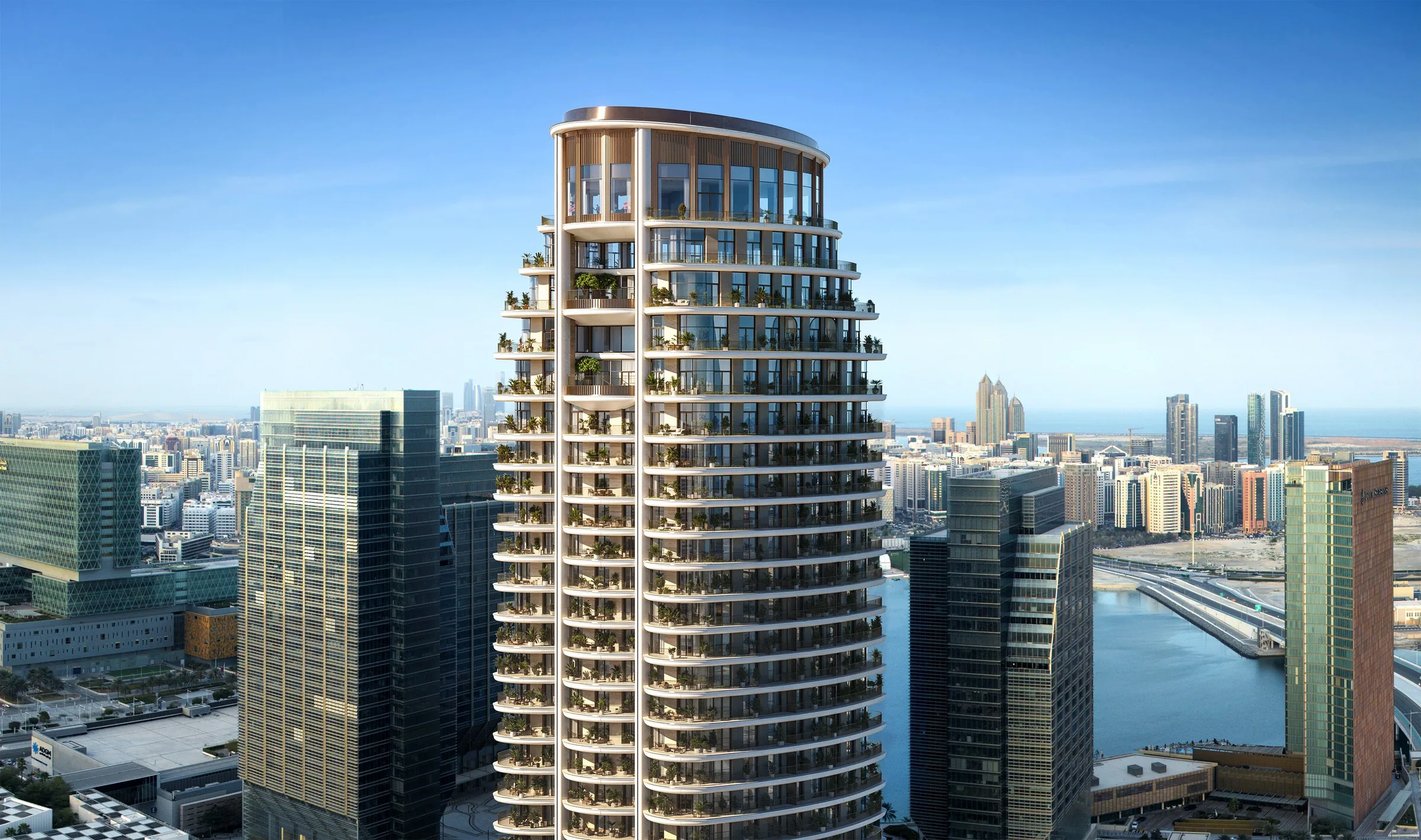Визуализация: верхние этажи башни The St. Regis Residences на фоне Абу-Даби