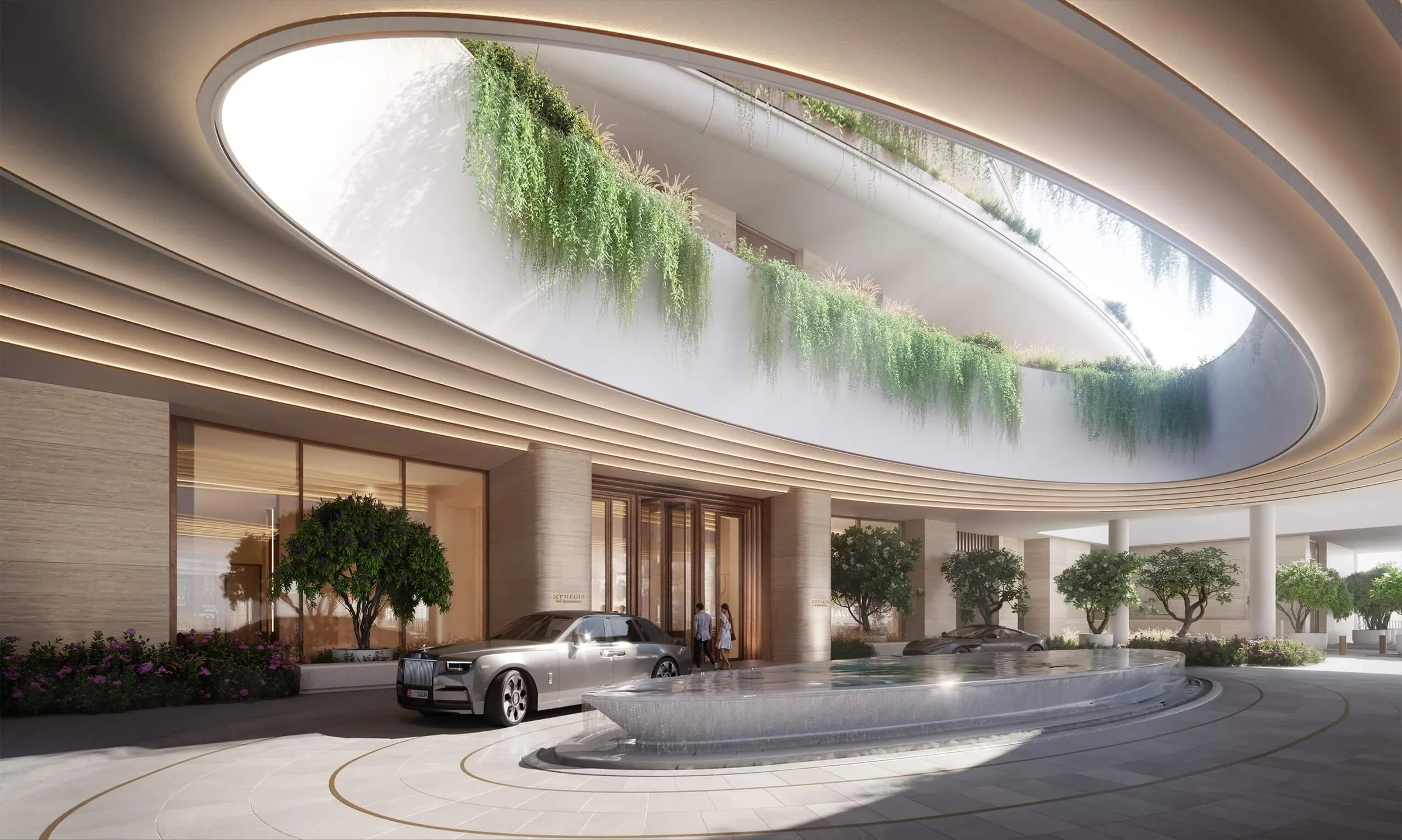 Визуализация: въезд под навесом с фонтаном в The St. Regis Residences