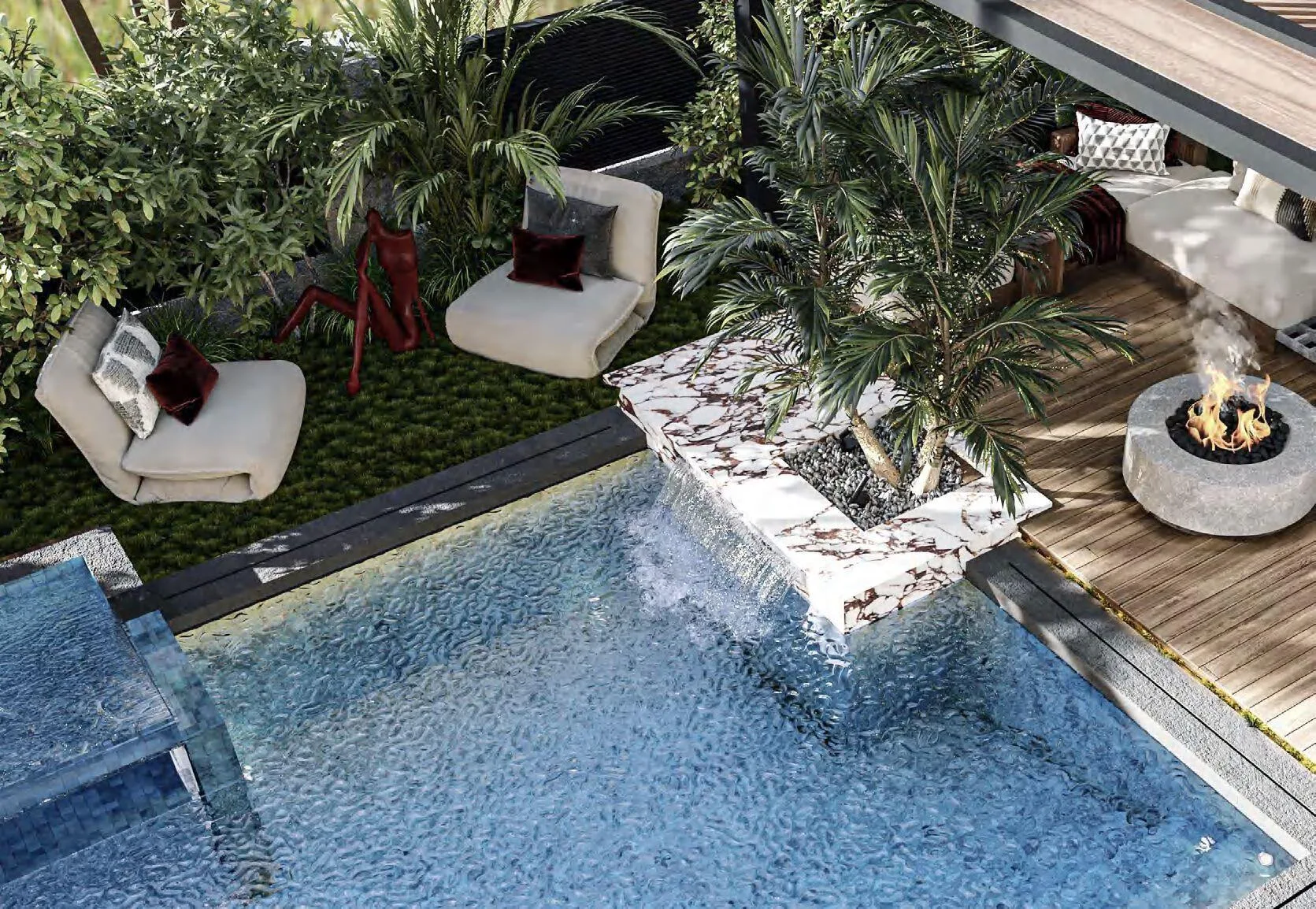 Палуба Outdoor Deck сверху: бассейн, сад, кресла и очаг