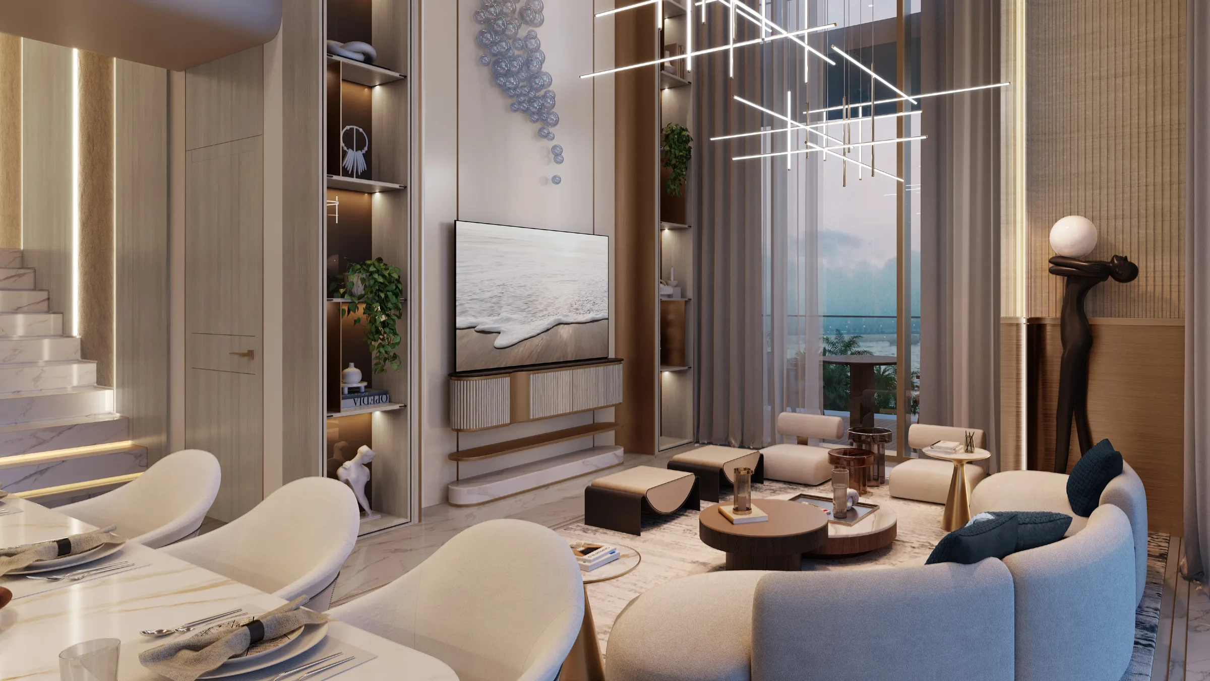 Гостиная дуплекса Sunset Bay Grand с лестницей на второй уровень