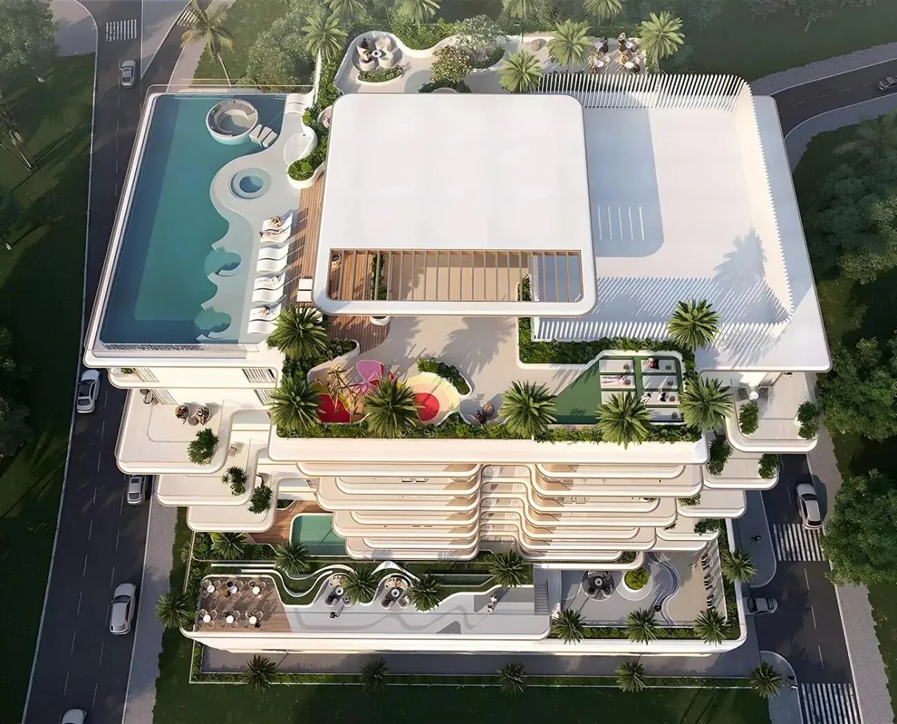 Крыша Sunset Bay Grand сверху: бассейн, зелень и терраса