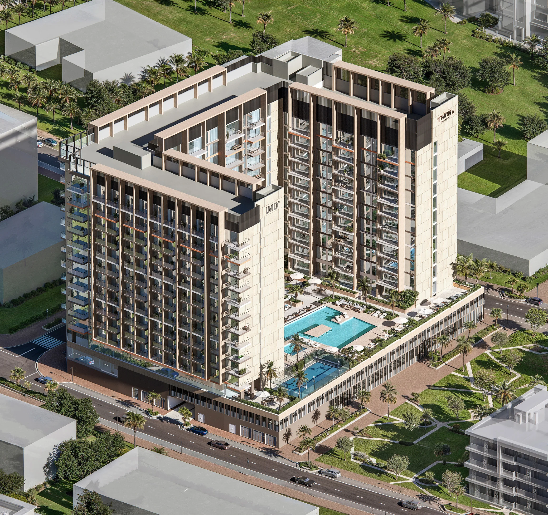 Taiyo Residences с высоты: дом и зона у бассейна
