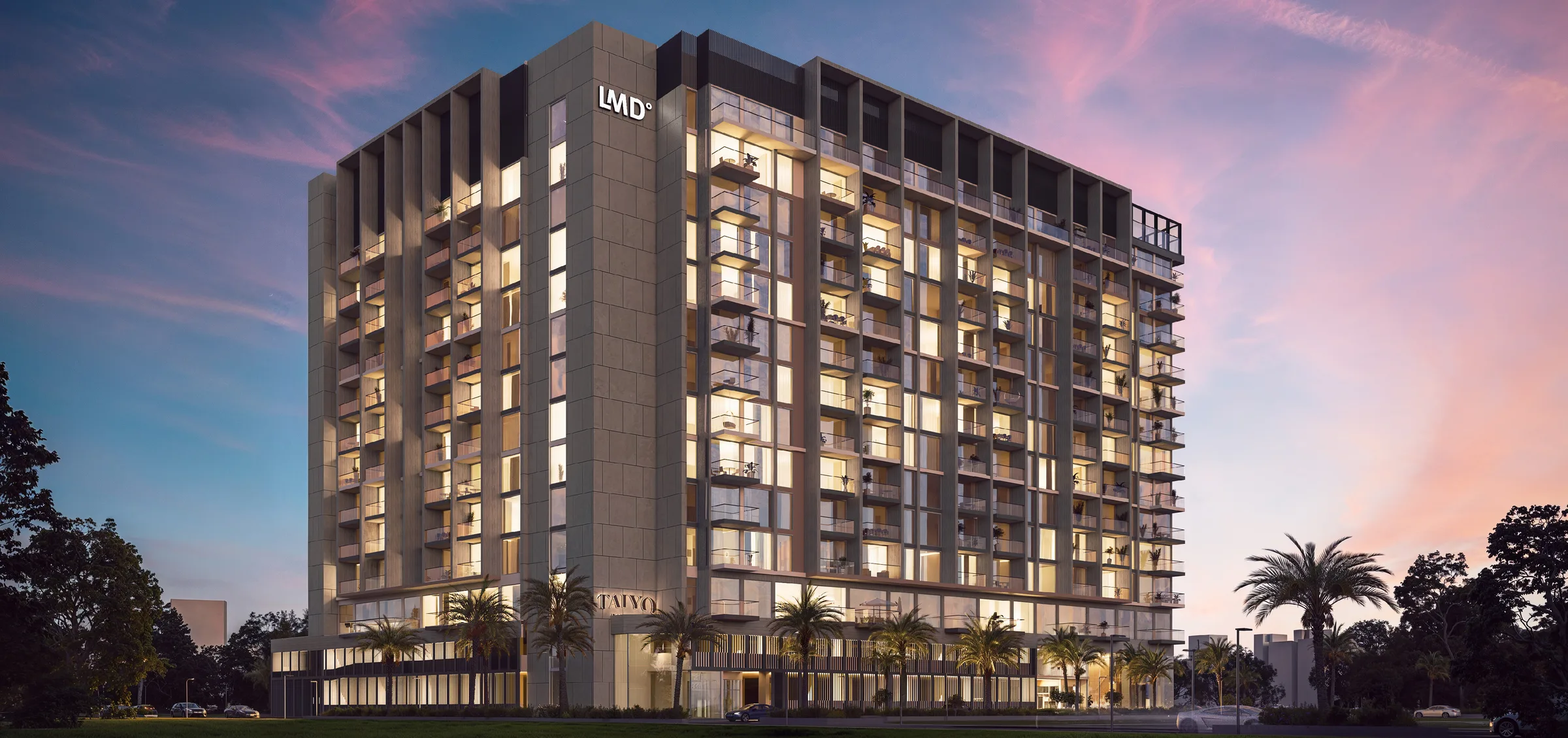 Фасад Taiyo Residences на закате