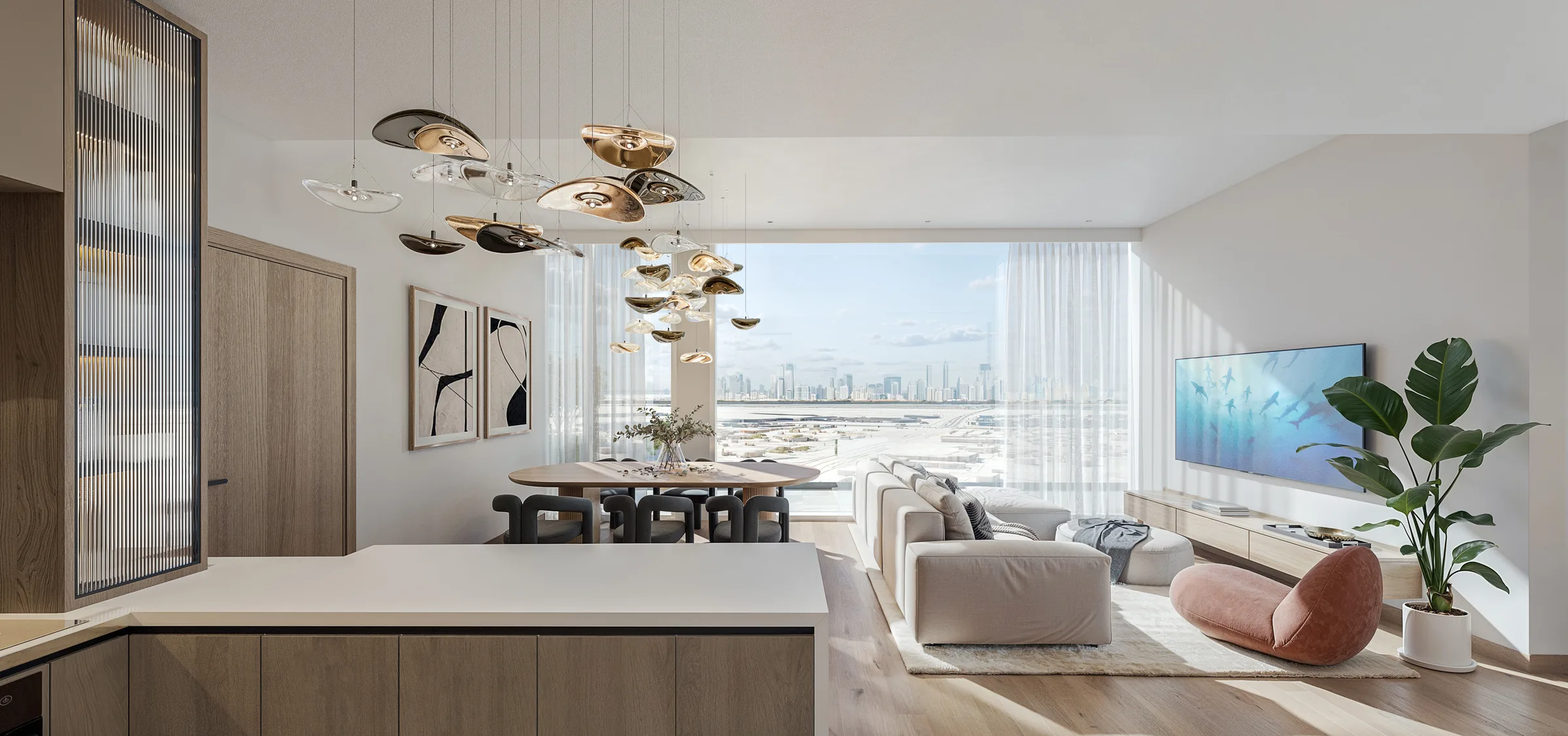 Кухня и гостиная в квартире Taiyo Residences с видом на город