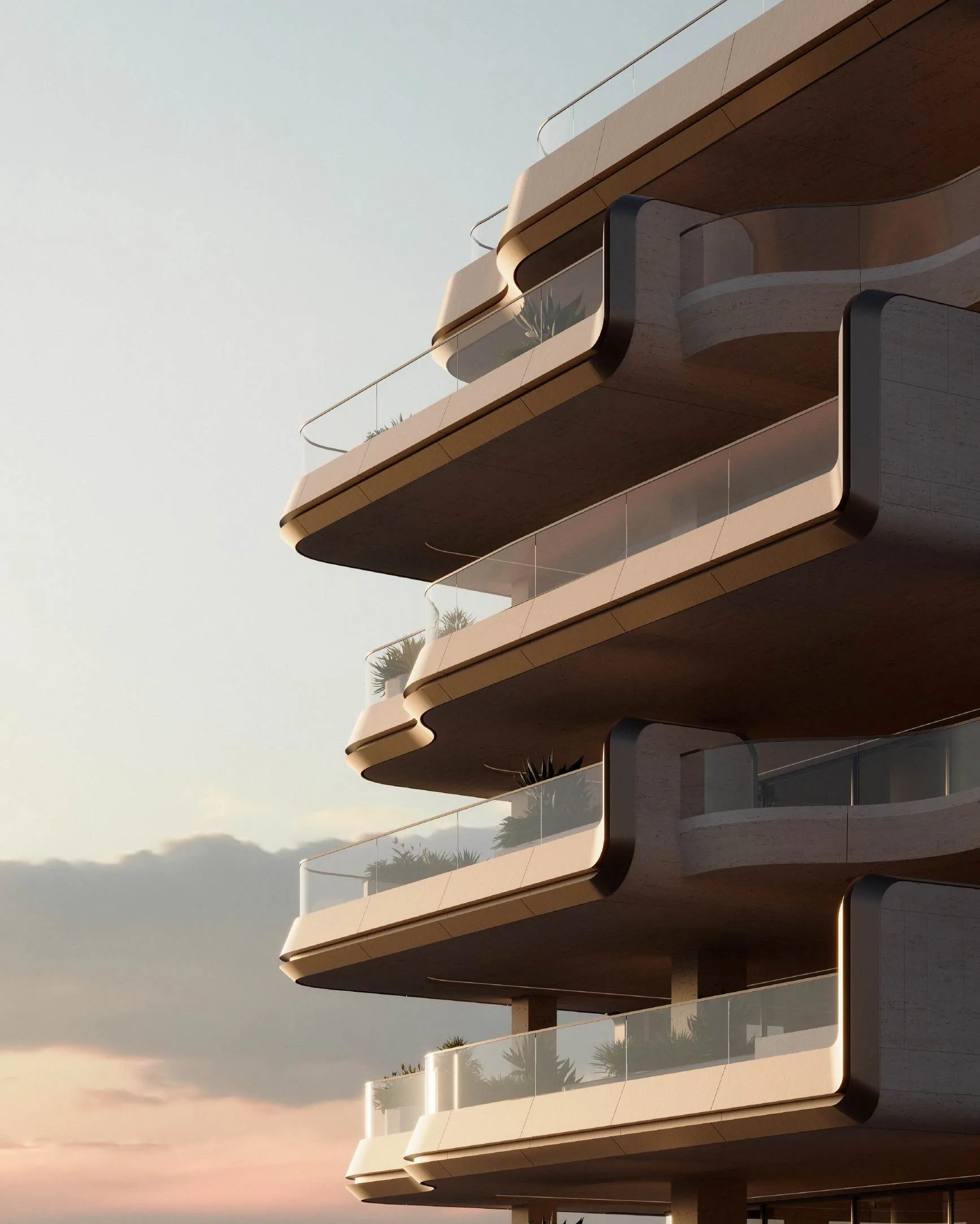 Изогнутые балконы The Alba Residences на фоне неба