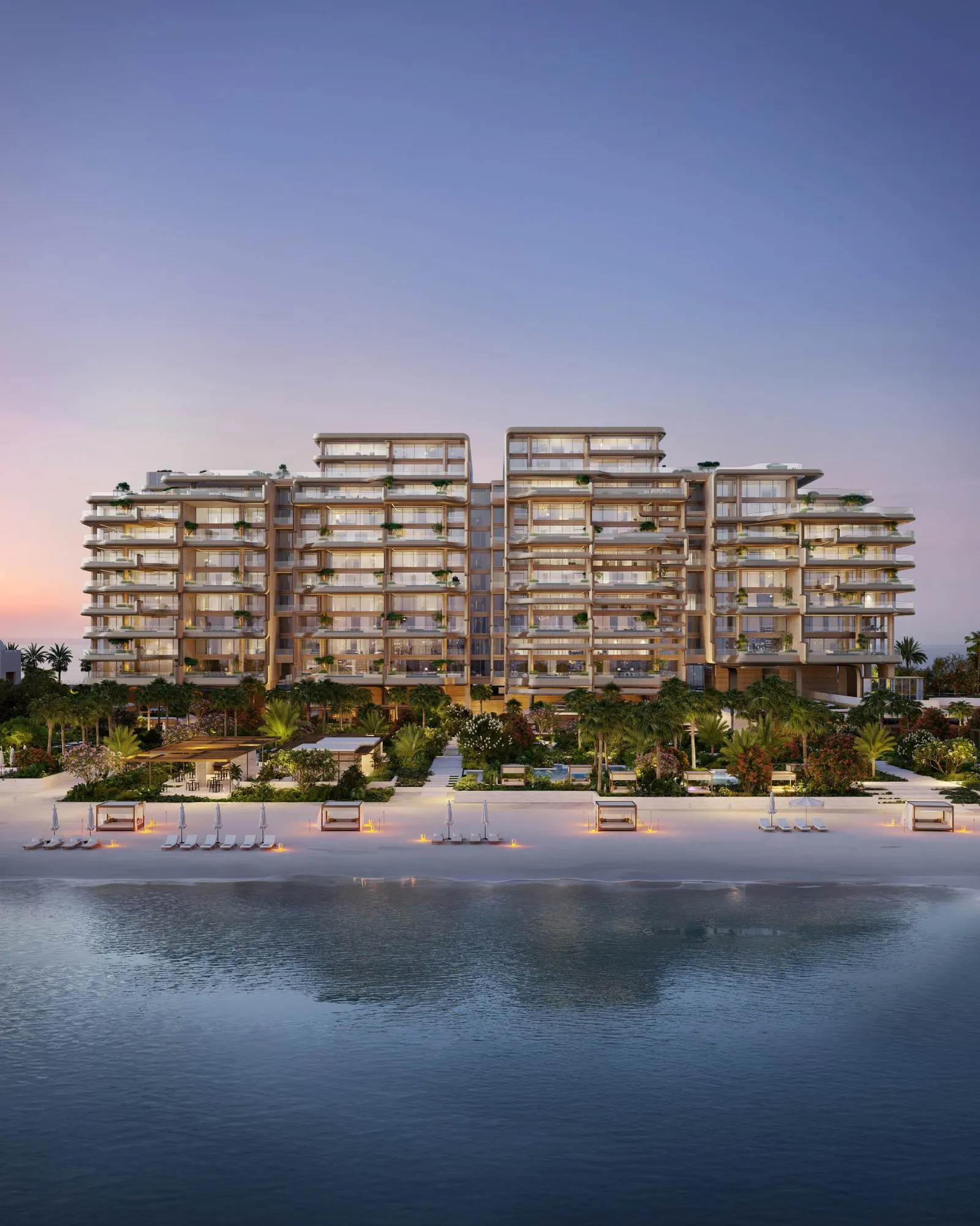 The Alba Residences над пляжем вечером. Визуализация Omniyat