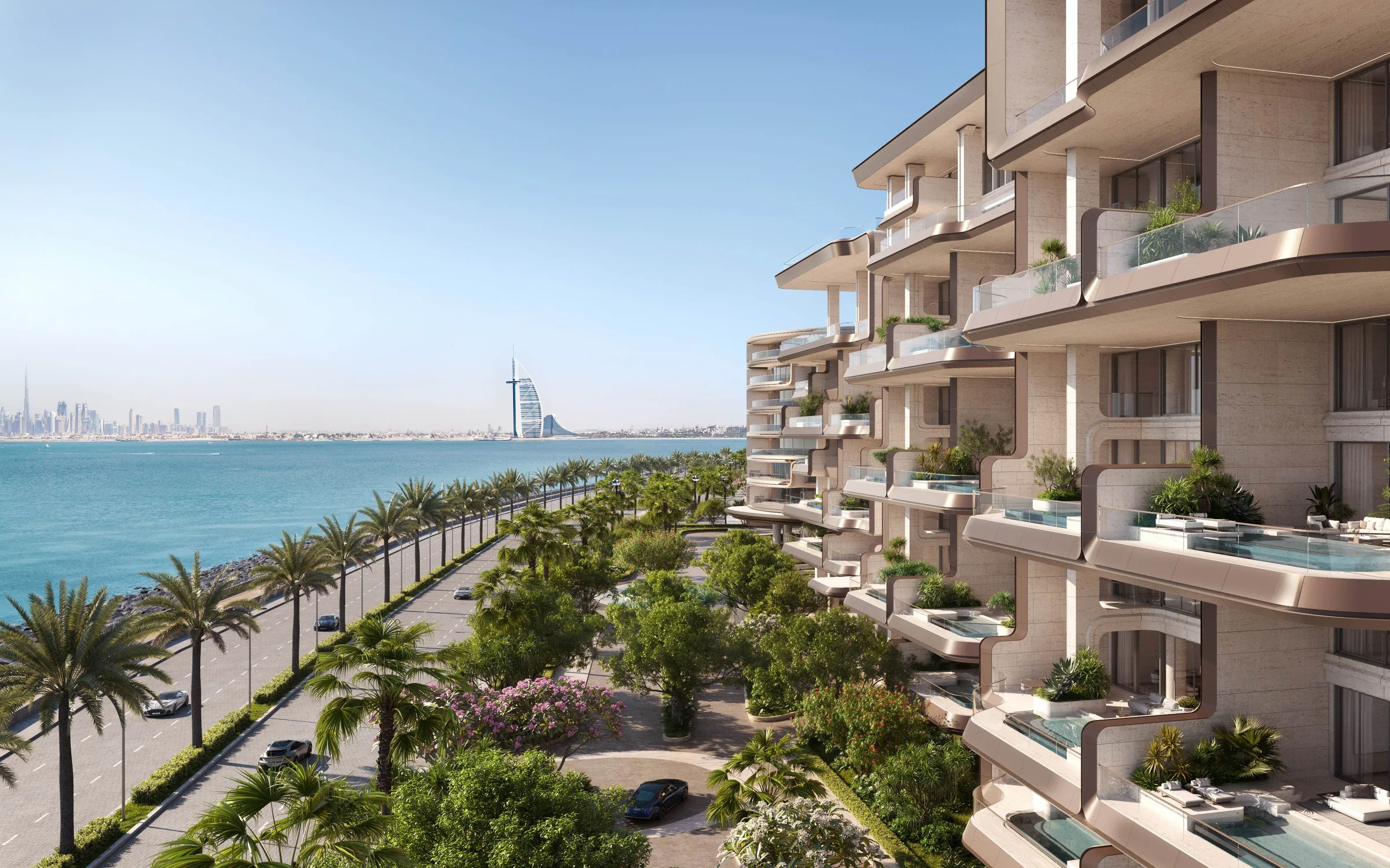Фасад The Alba Residences и вид вдоль берега на Burj Al Arab