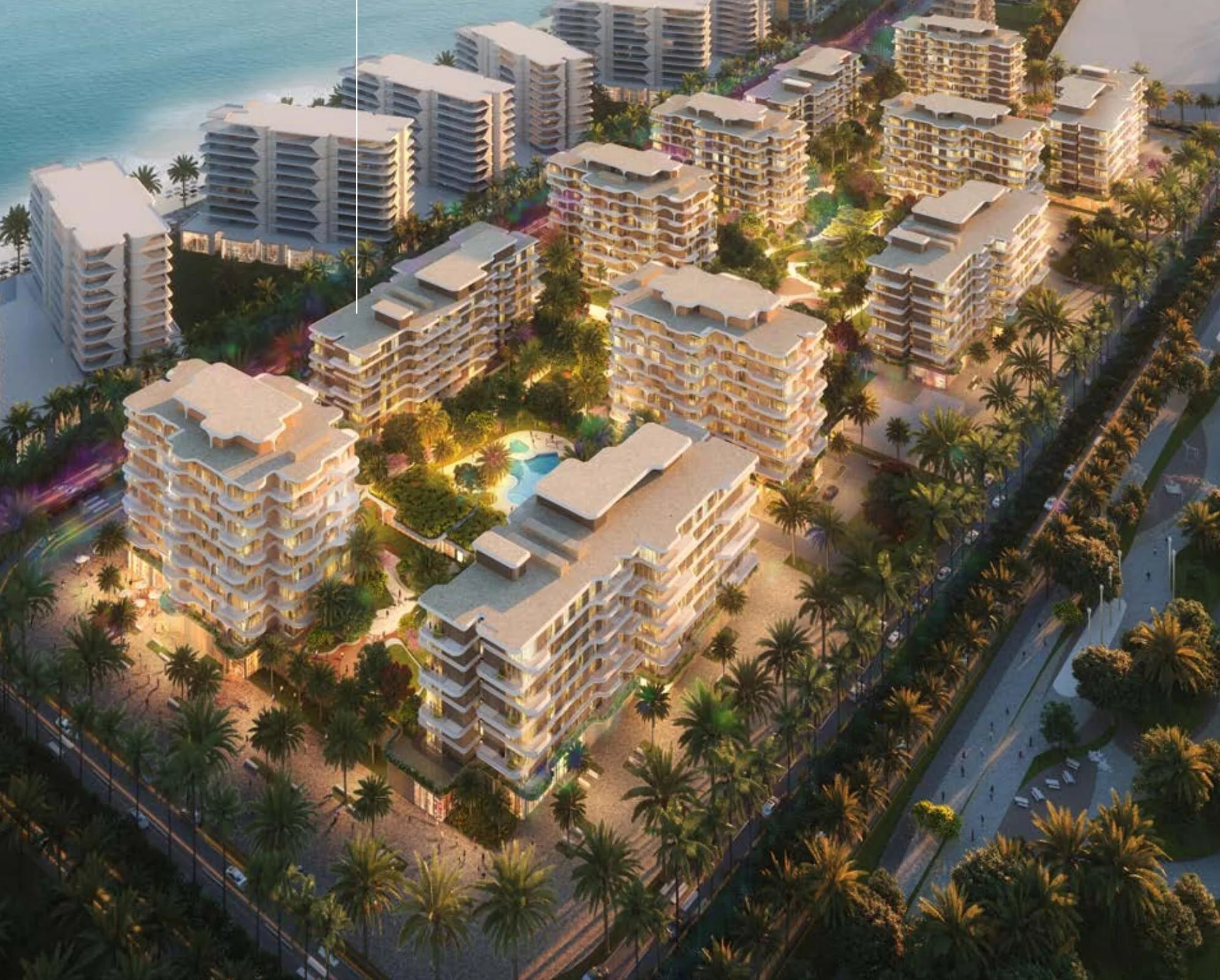 Дома The Beach House Fahid вдоль берега острова Фахид вечером, вид сверху