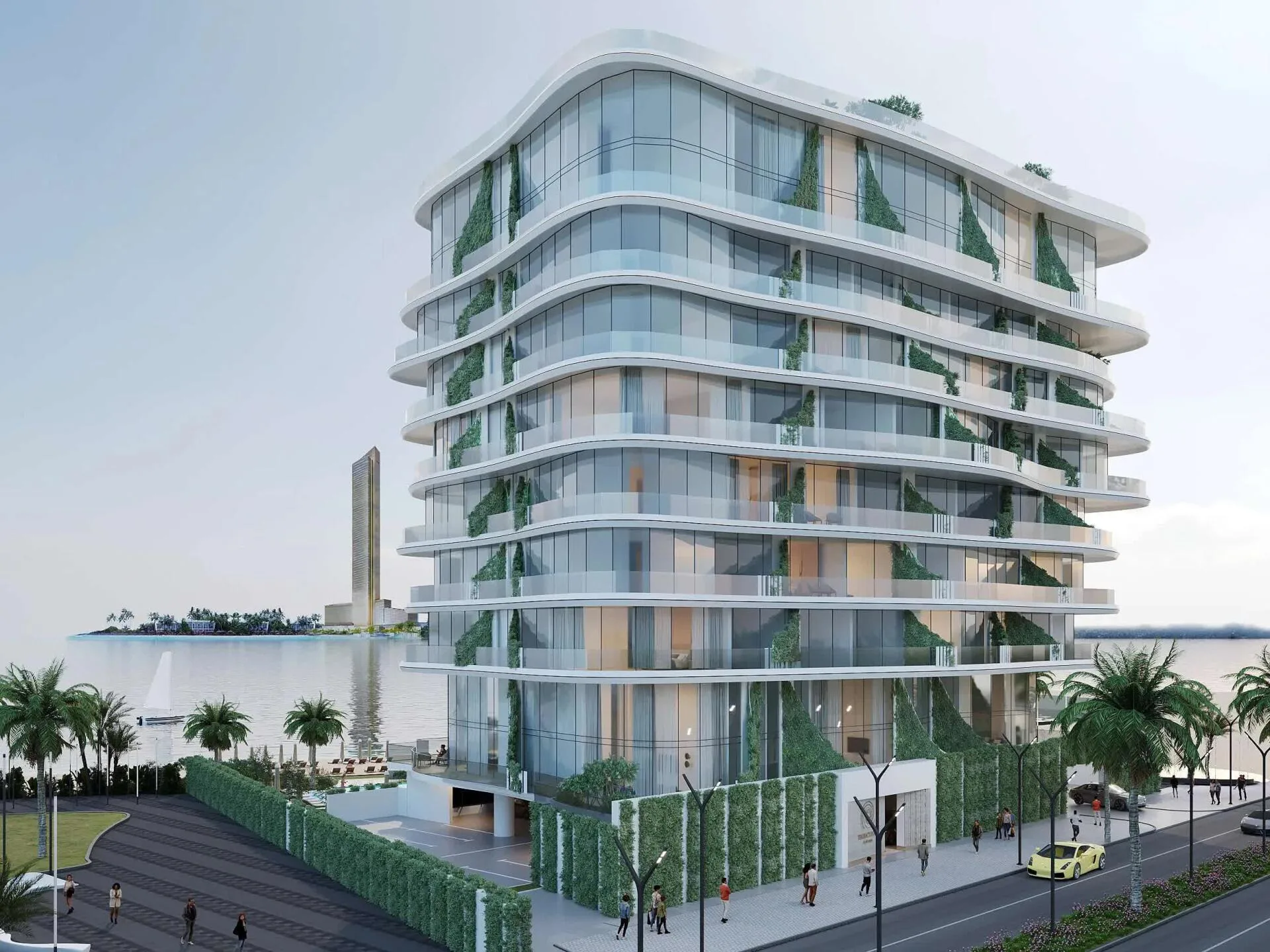 The Beach House: волнистые балконы с зеленью, за домом вода