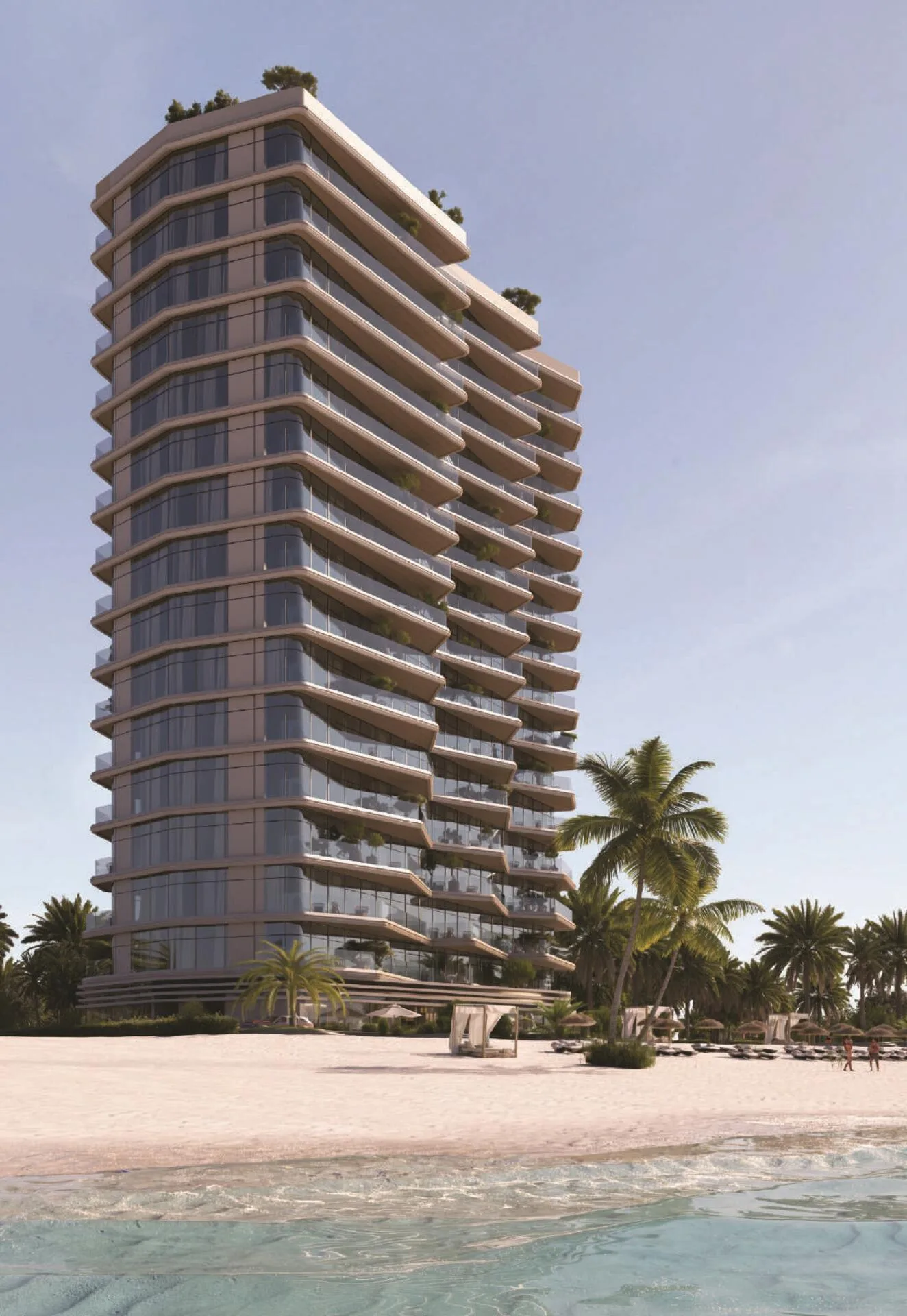 The Beach Vista с воды: пальмы, белый песок и башня с террасами