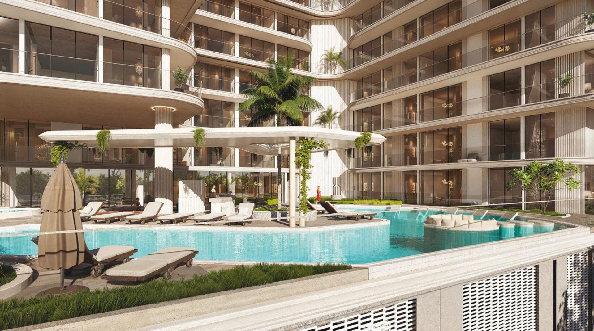 Бассейн The Boulevard с пальмой и навесом у дома