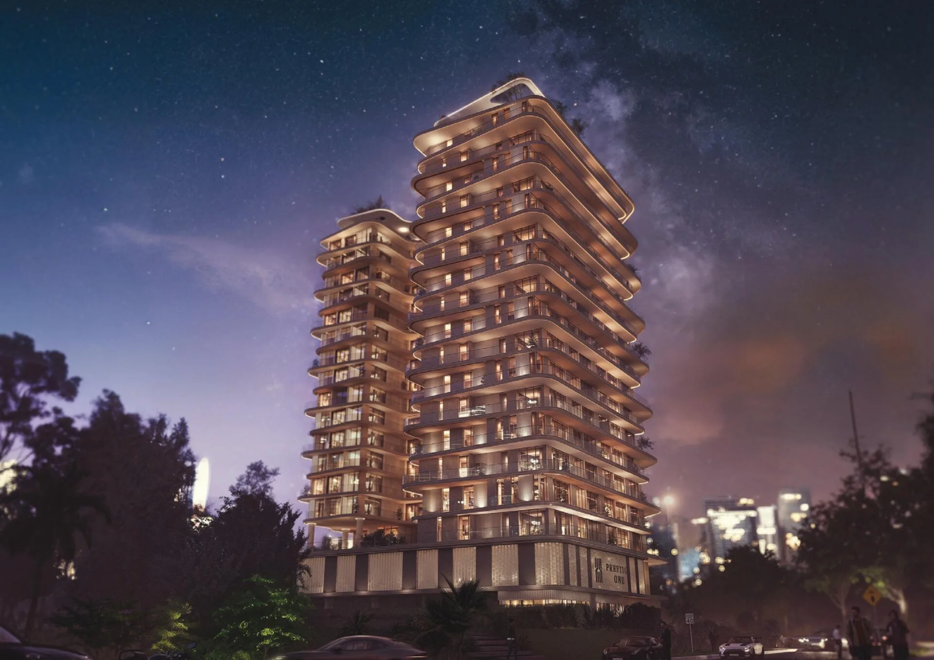 The Boulevard ночью: подсвеченные балконы под звёздным небом