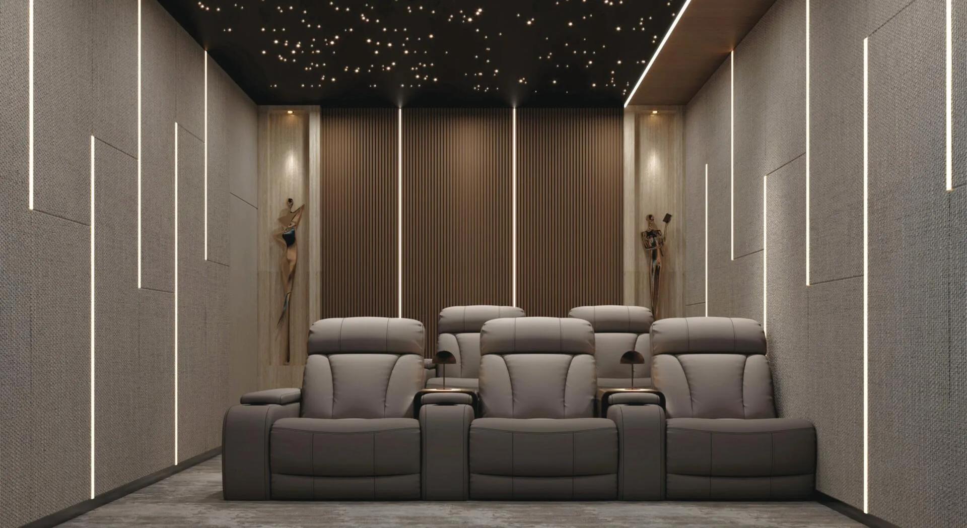 Кинозал CineLounge: ряды кресел и звёздный потолок