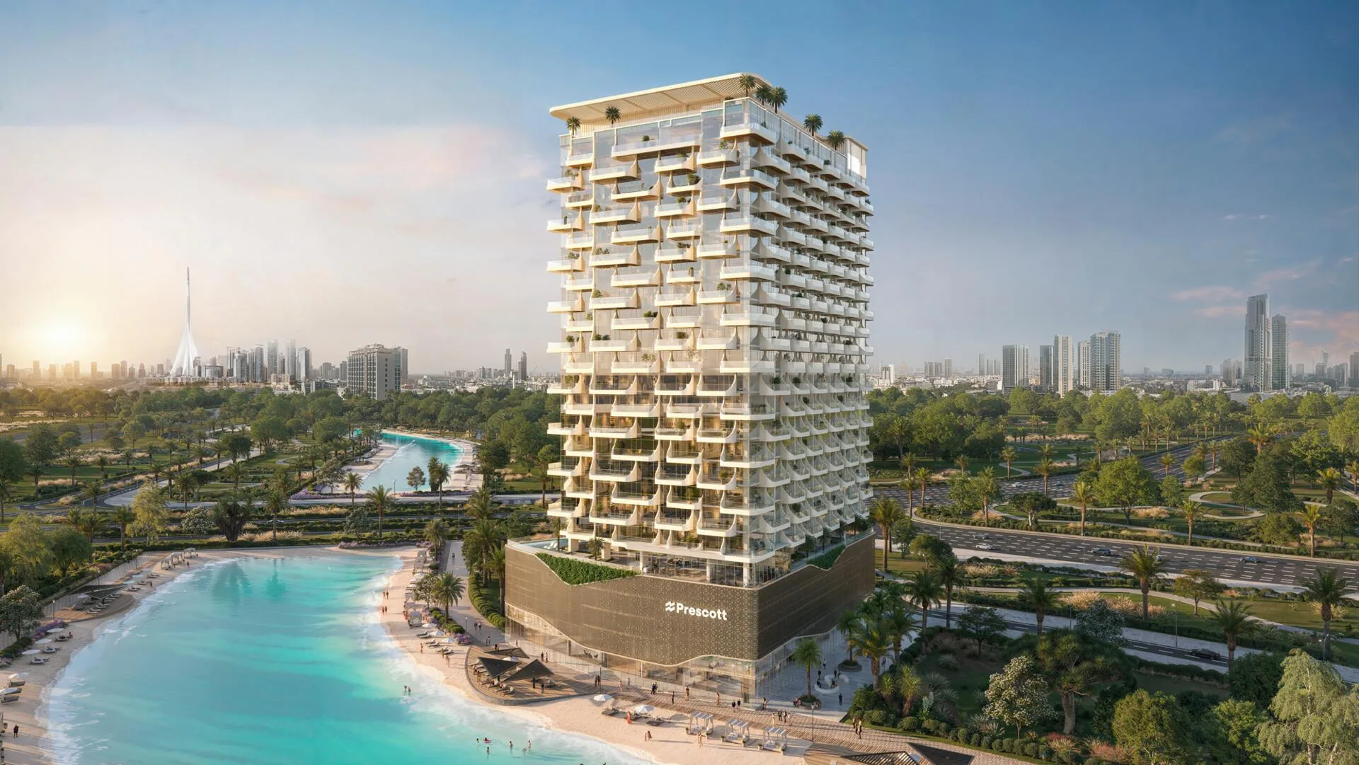 Вид сверху на лагуну Meydan Horizon и башню The Caden