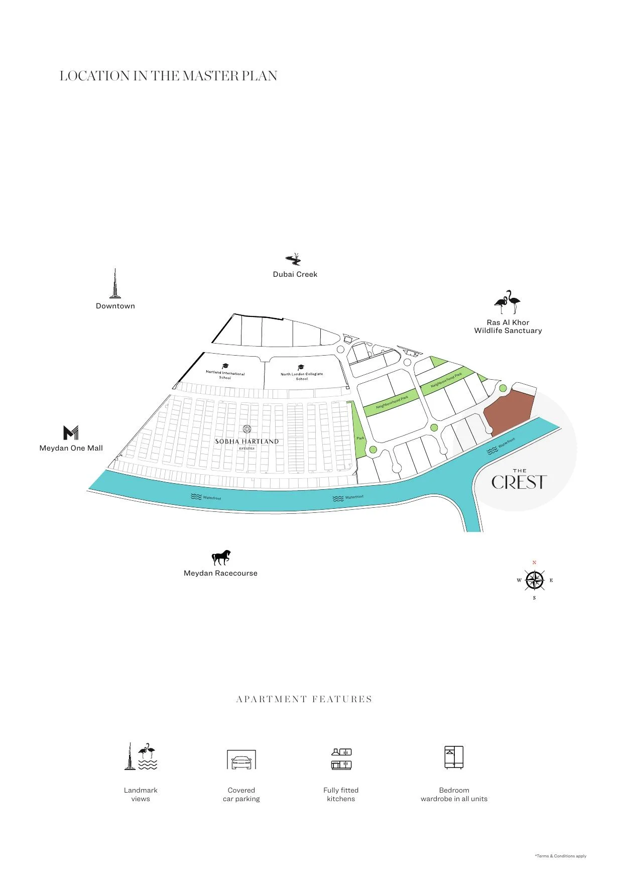 Карта Sobha Hartland: The Crest у лагуны, рядом Downtown, Dubai Creek, Ras Al Khor и Meydan