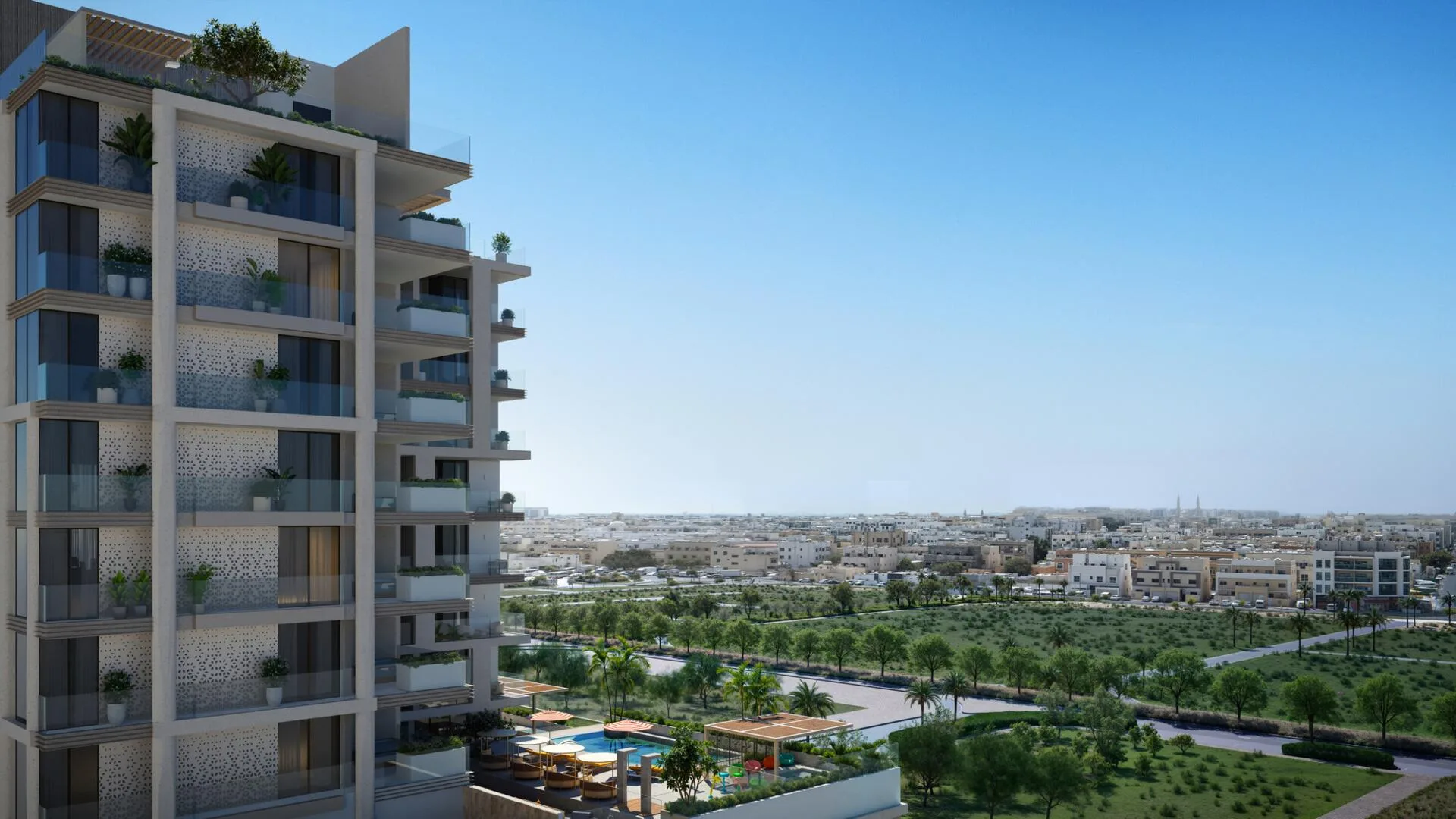 The Elysian и зелень Jumeirah Gardens на фоне города