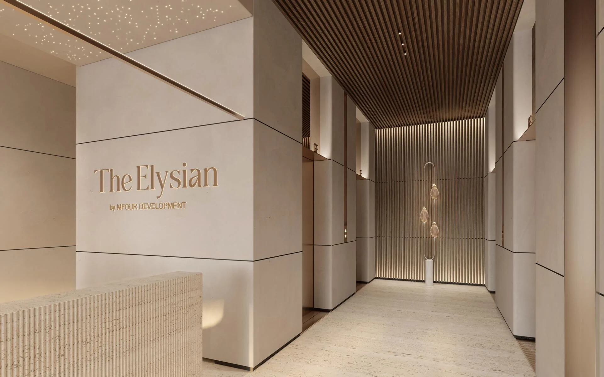 Лобби The Elysian с надписью The Elysian by MFOUR