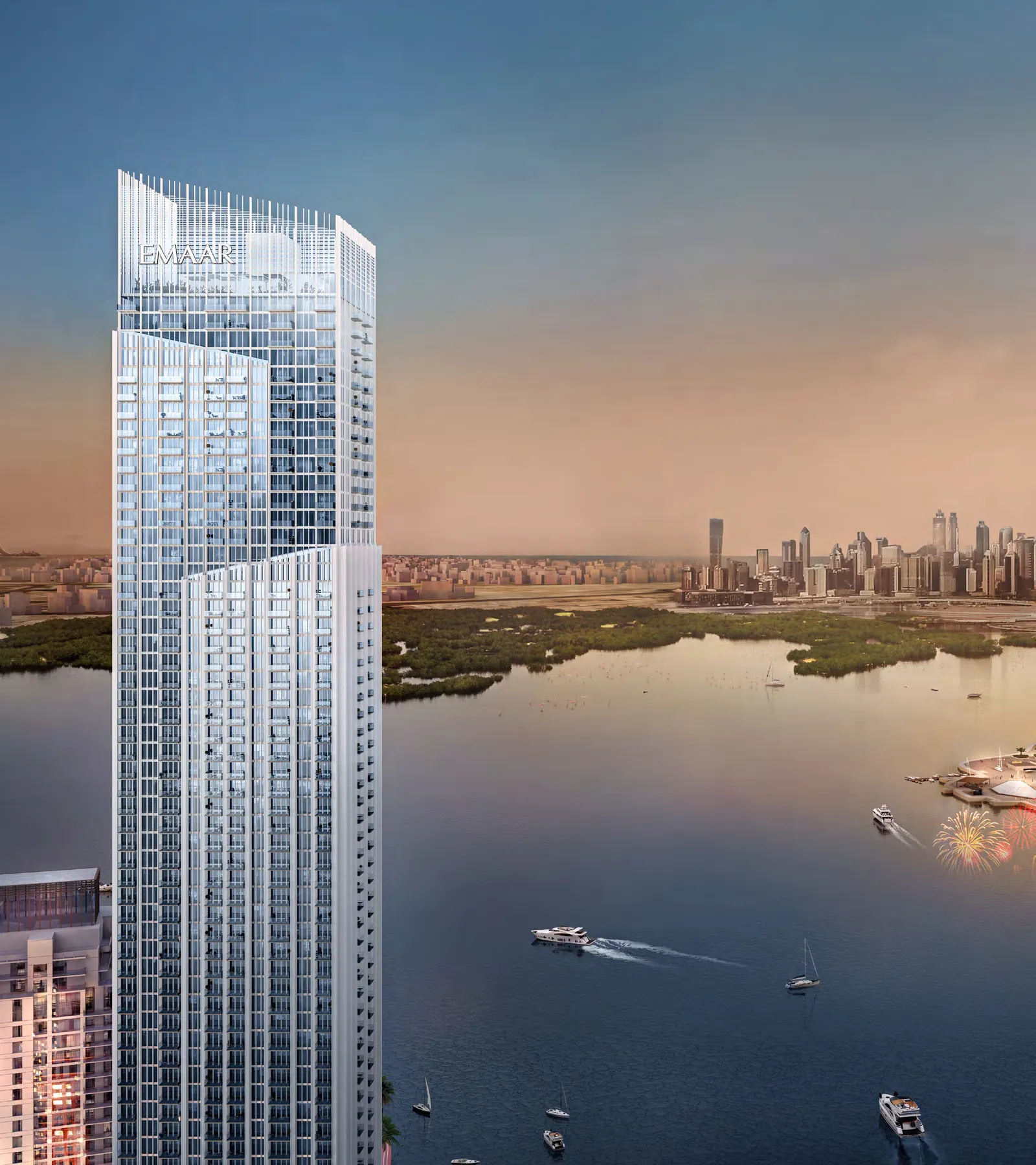 The Grand над заливом и мангровыми зарослями. Визуализация Emaar
