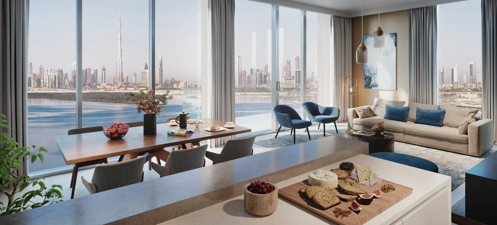 Вид из квартиры на залив и Downtown. Визуализация Emaar