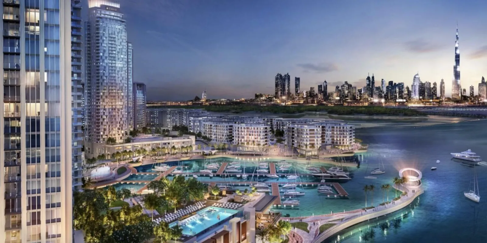 Марина Creek Island вечером. Визуализация Emaar