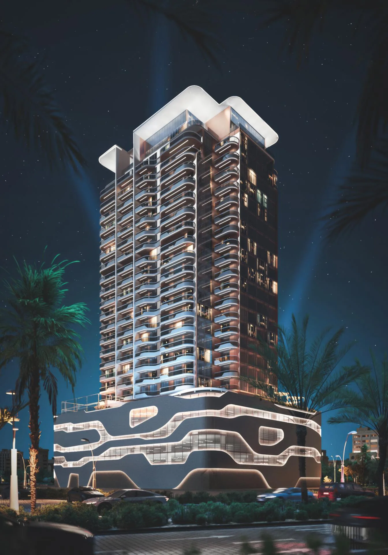 Башня The Orchard Place вечером среди пальм