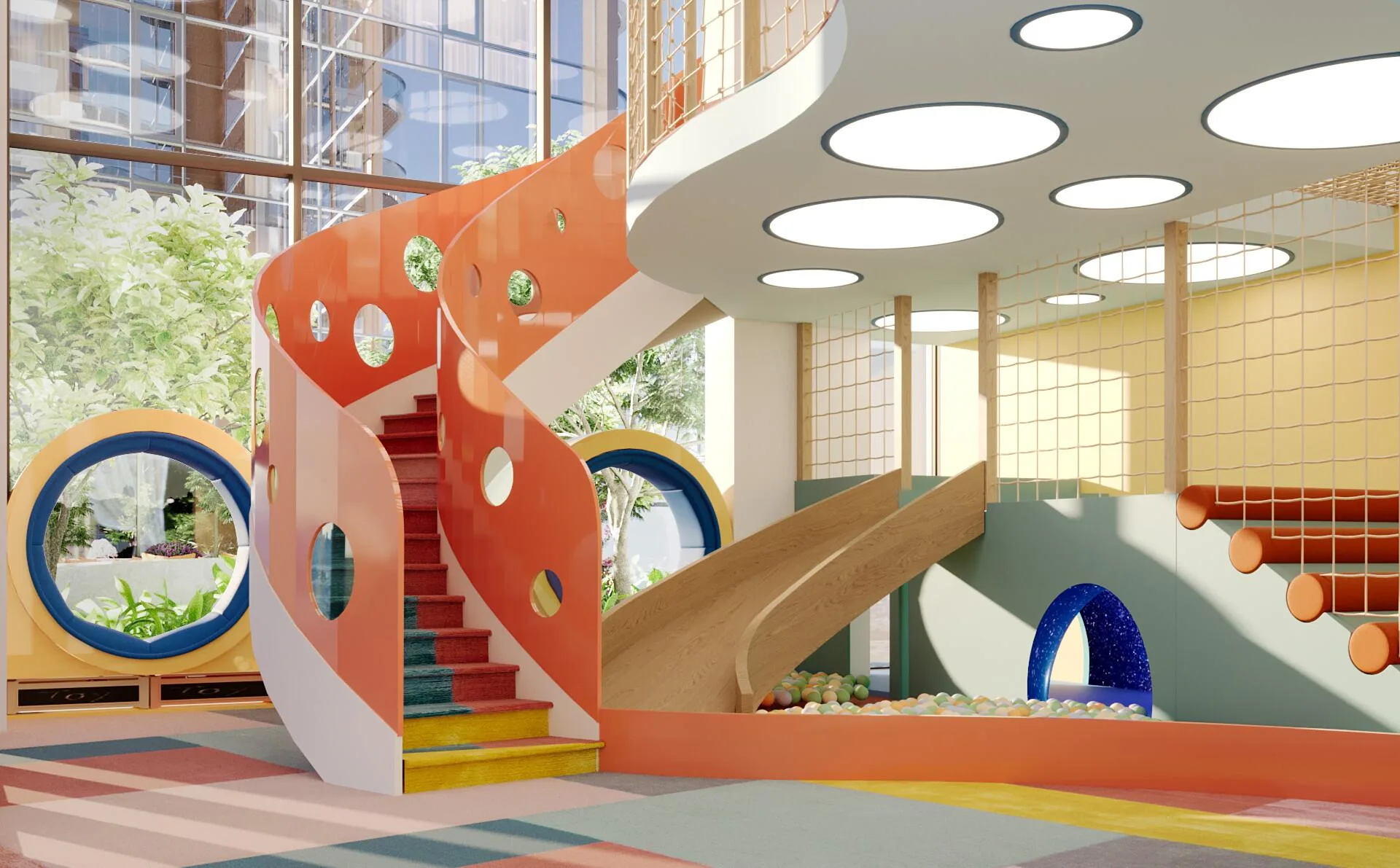 Детский клуб The Orchard Place с лестницей и горкой