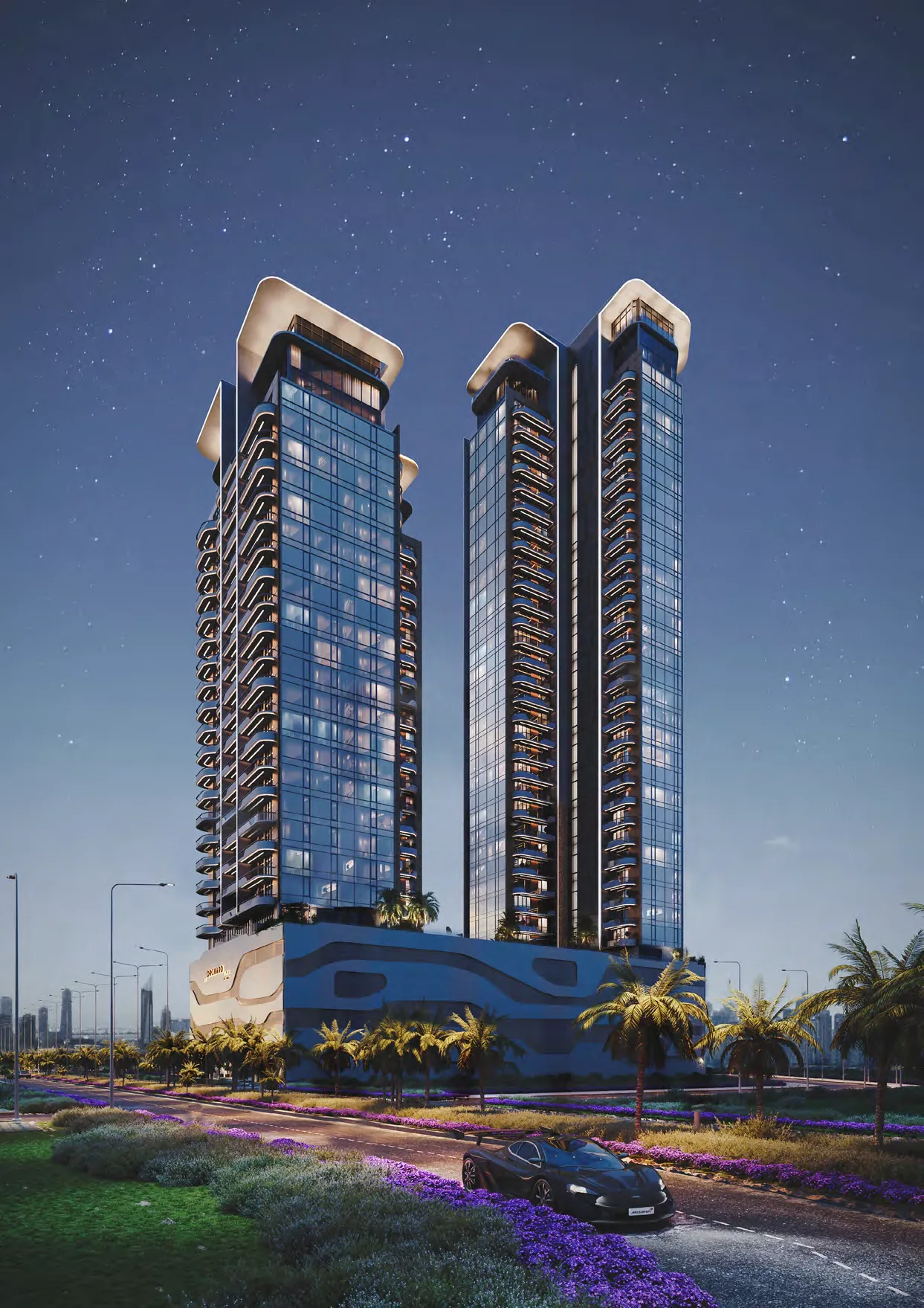 Башни The Orchard Place ночью