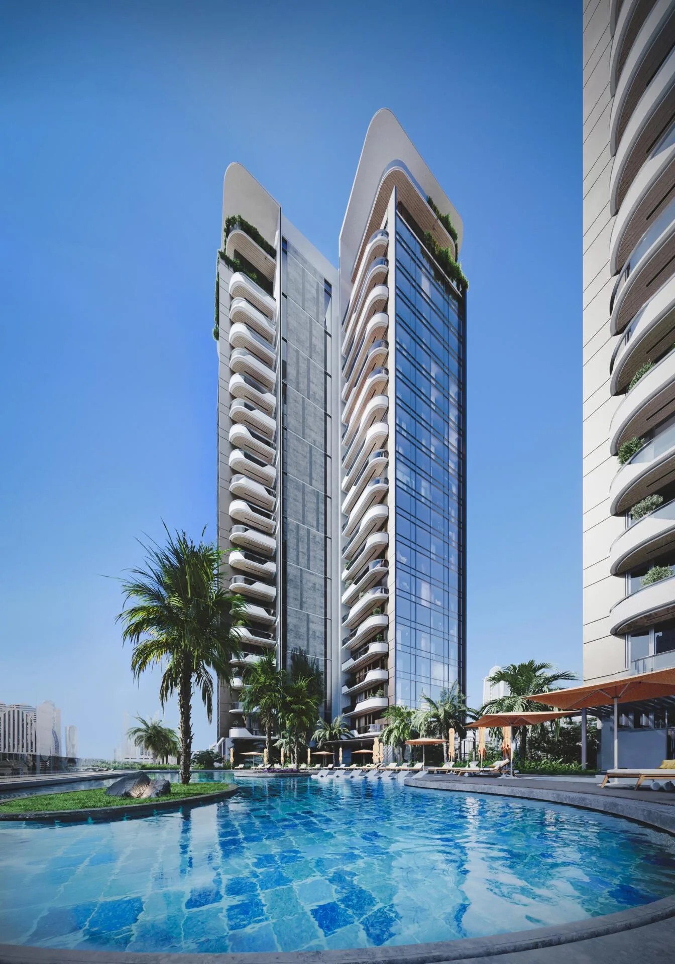 Башни The Orchard Place над бассейном