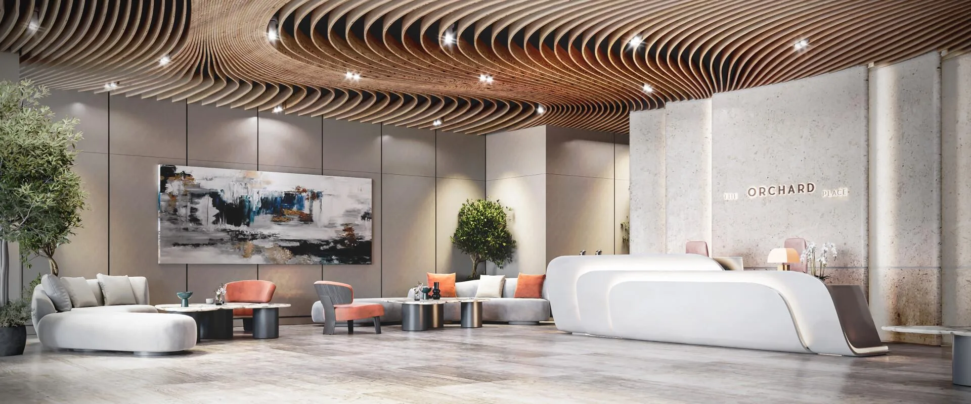 Лобби The Orchard Place: ресепшен и волнистый деревянный потолок