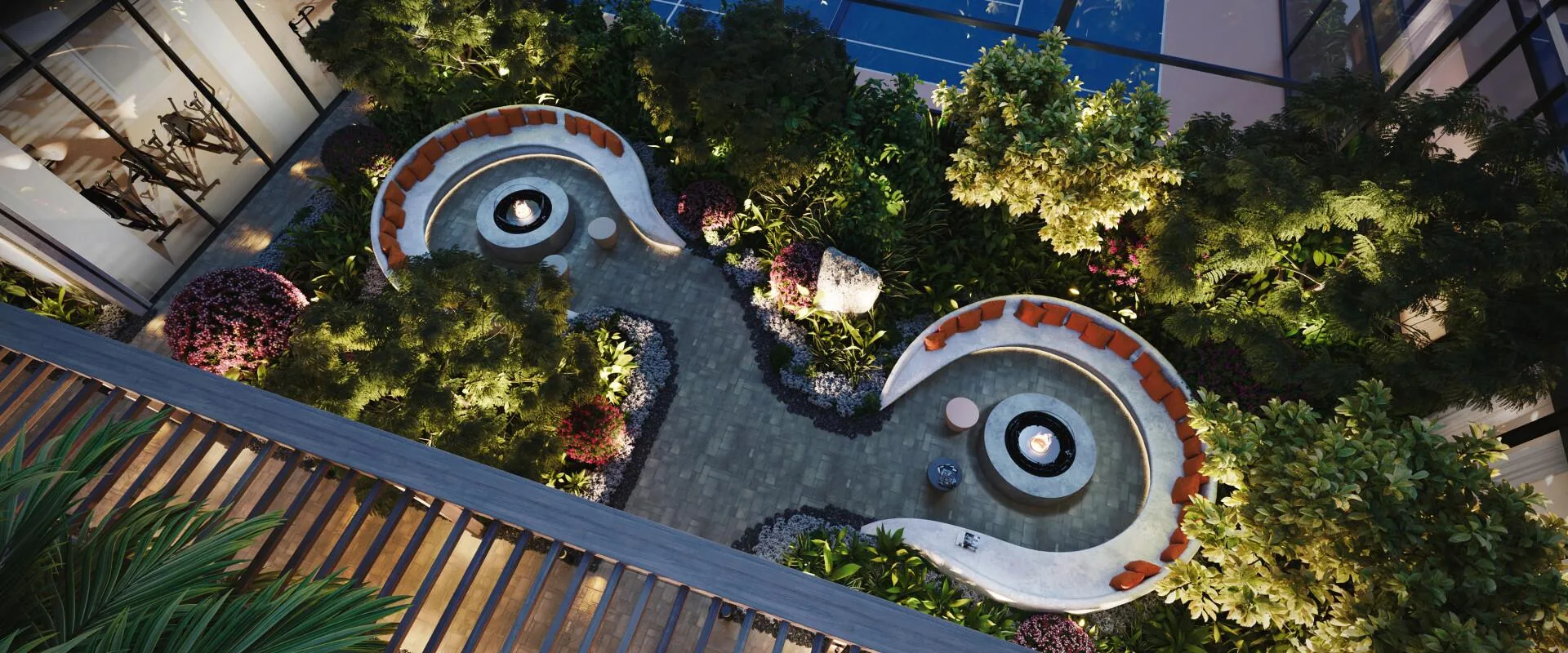 Сад The Orchard Place сверху, зоны отдыха среди зелени