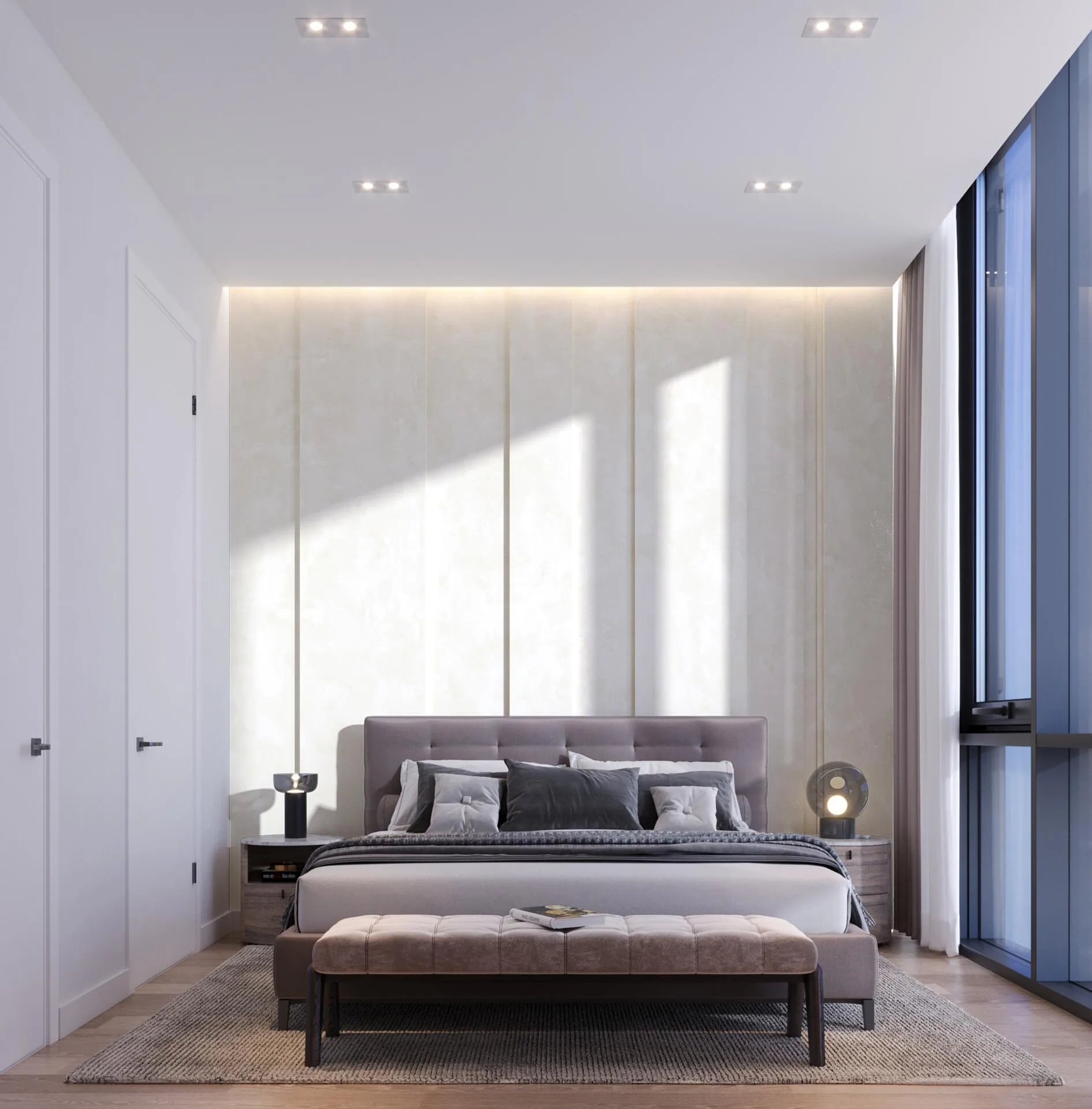 Спальня в квартире The Orchard Place с окном во всю высоту