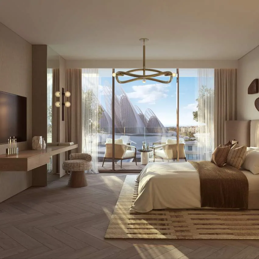 Спальня в The Row Saadiyat с видом на крылья музея Заида. Визуализация Aldar