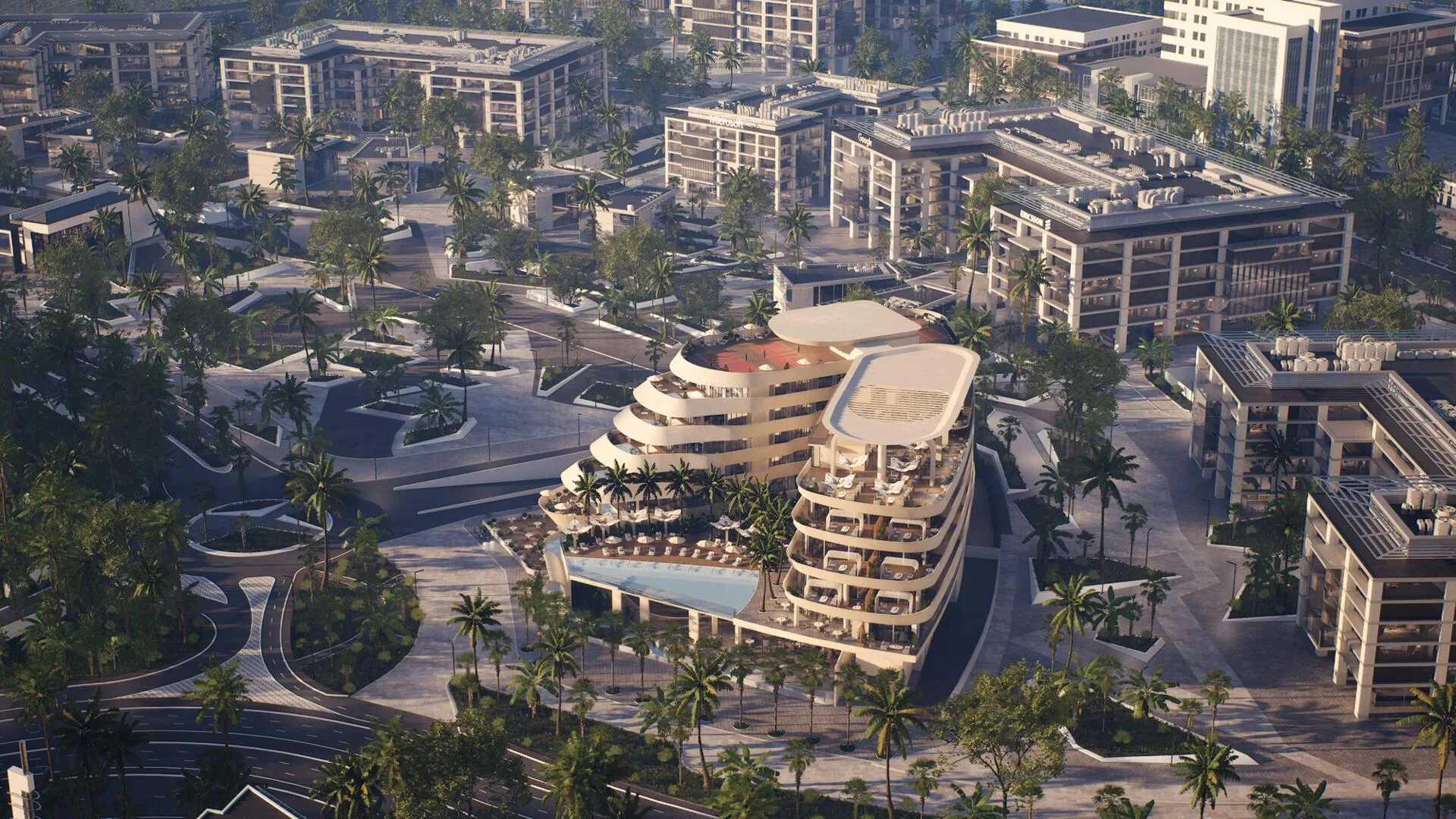 The Royal Yacht на закате среди пальм и деловых кварталов Dubai Internet City