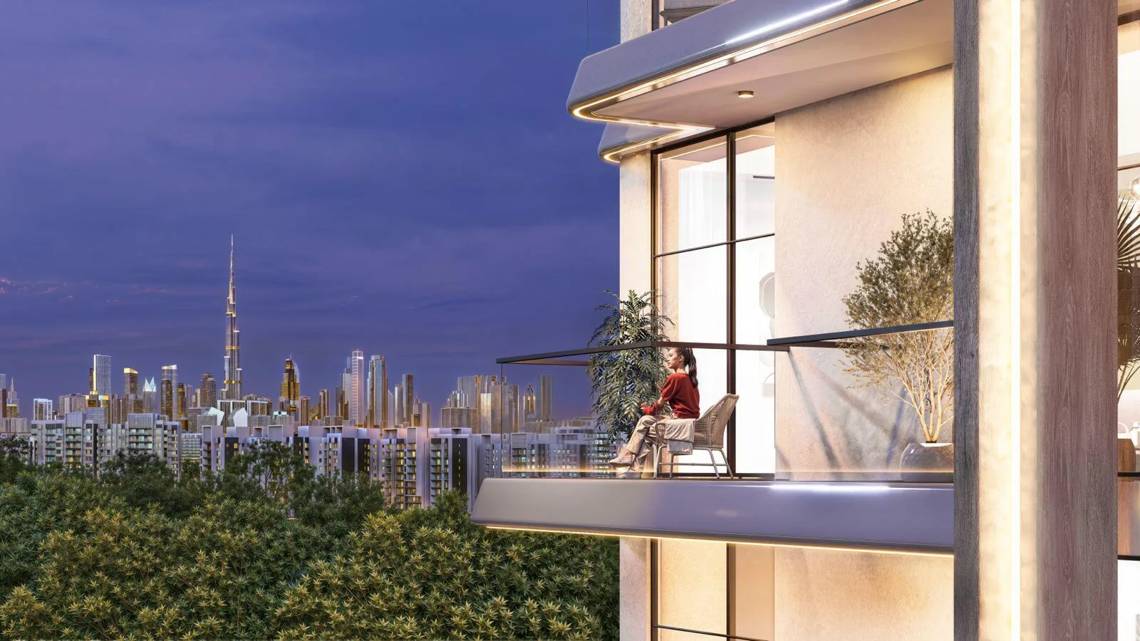 Балкон The Willows Residences с видом на вечерний Дубай